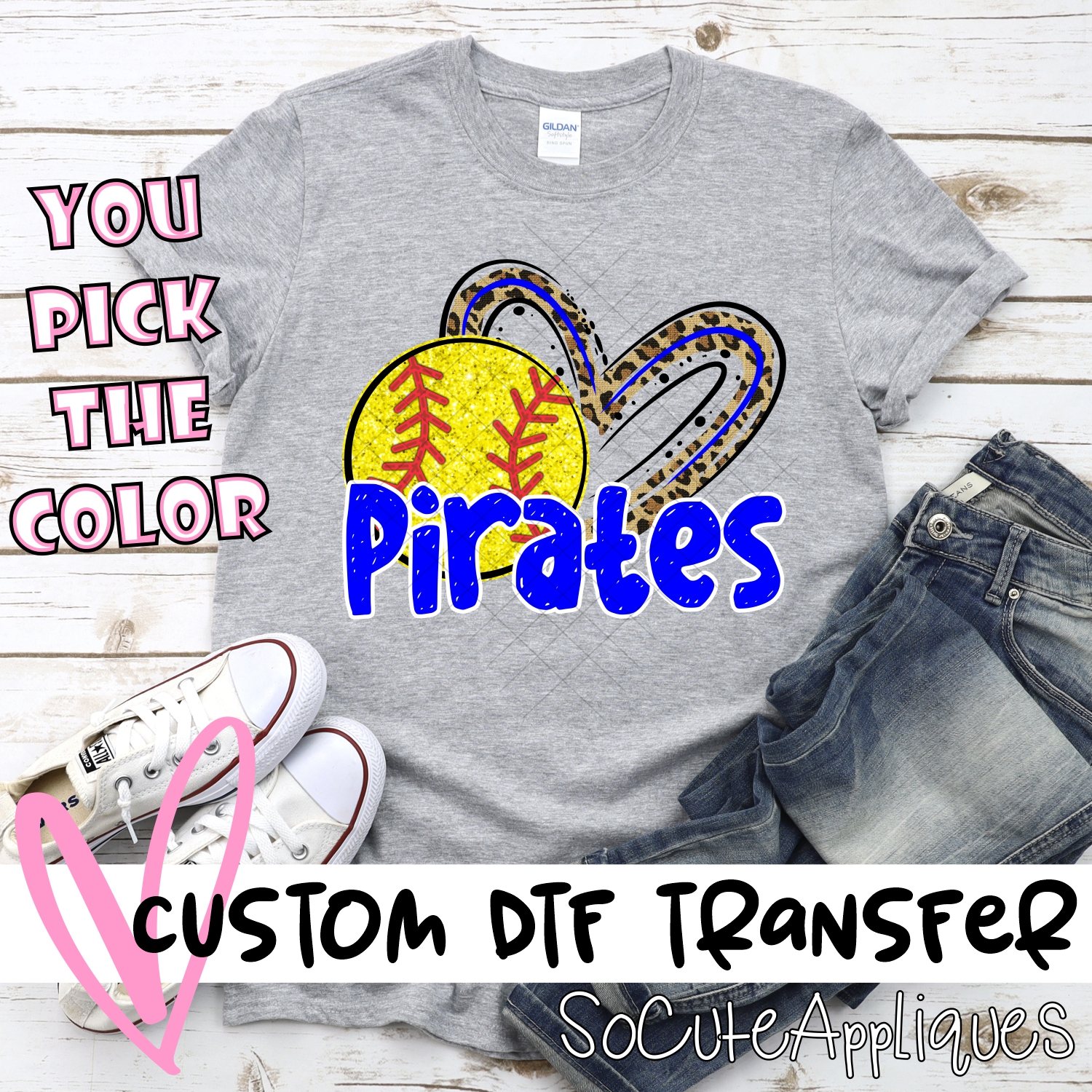 CUSTOM PIRATES (faux) glitter softball leopard heart *DTF* Transfer