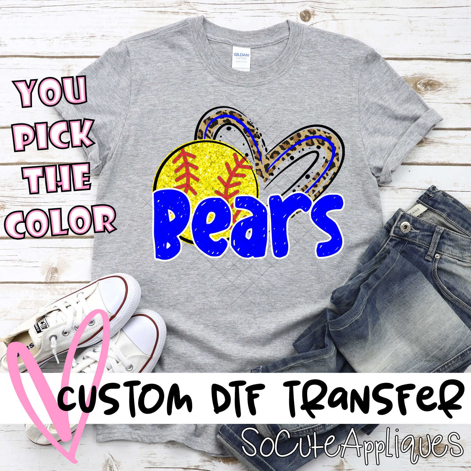 CUSTOM BEARS (faux) glitter softball leopard heart *DTF* Transfer