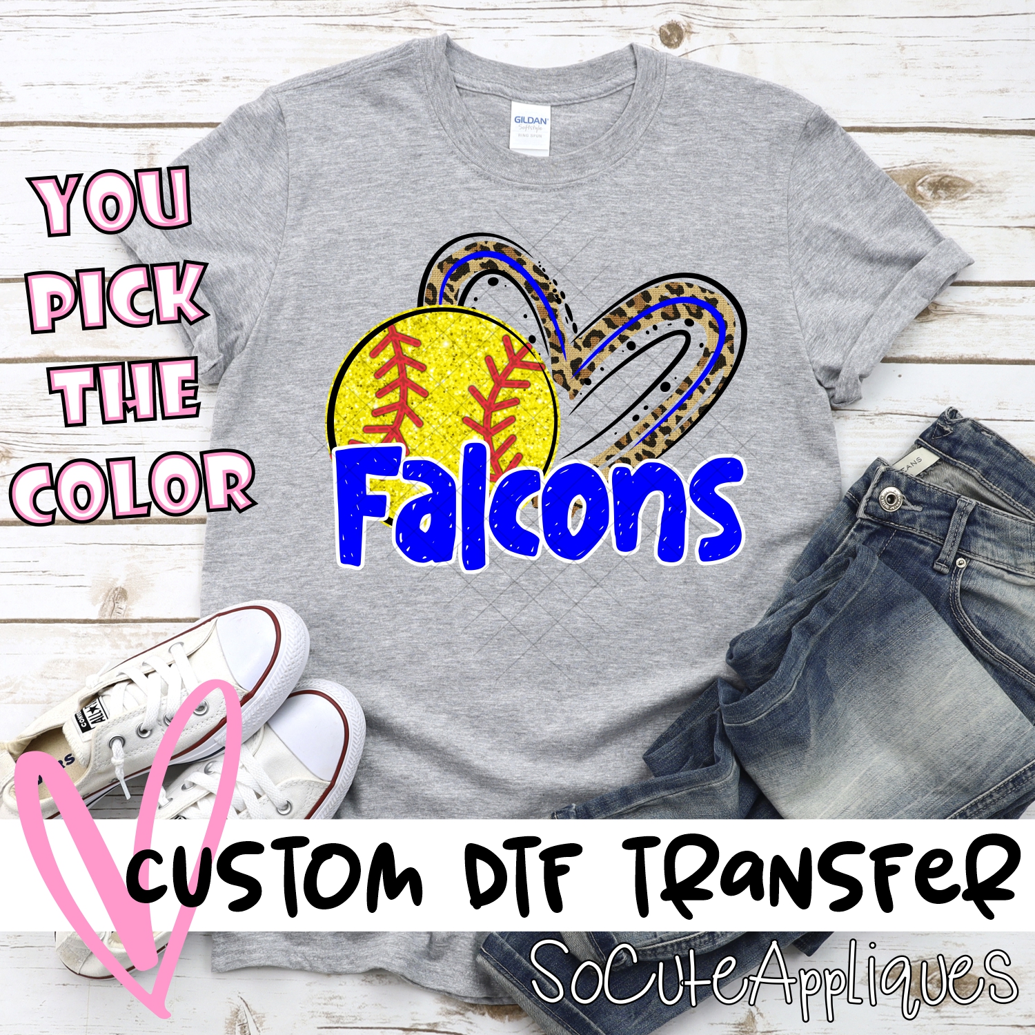 CUSTOM FALCONS (faux) glitter softball leopard heart *DTF* Transfer