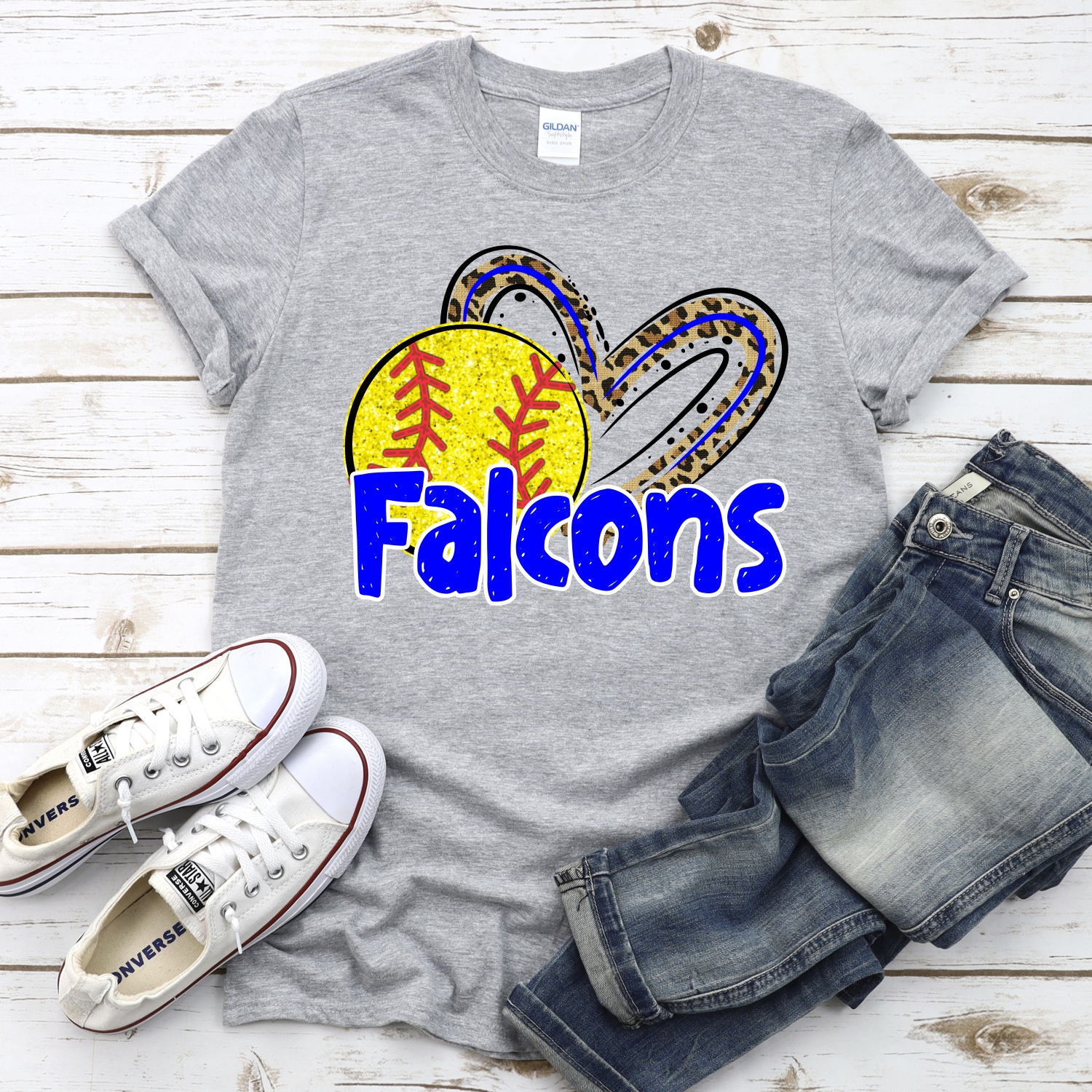 CUSTOM FALCONS (faux) glitter softball leopard heart *DTF* Transfer - Image 2
