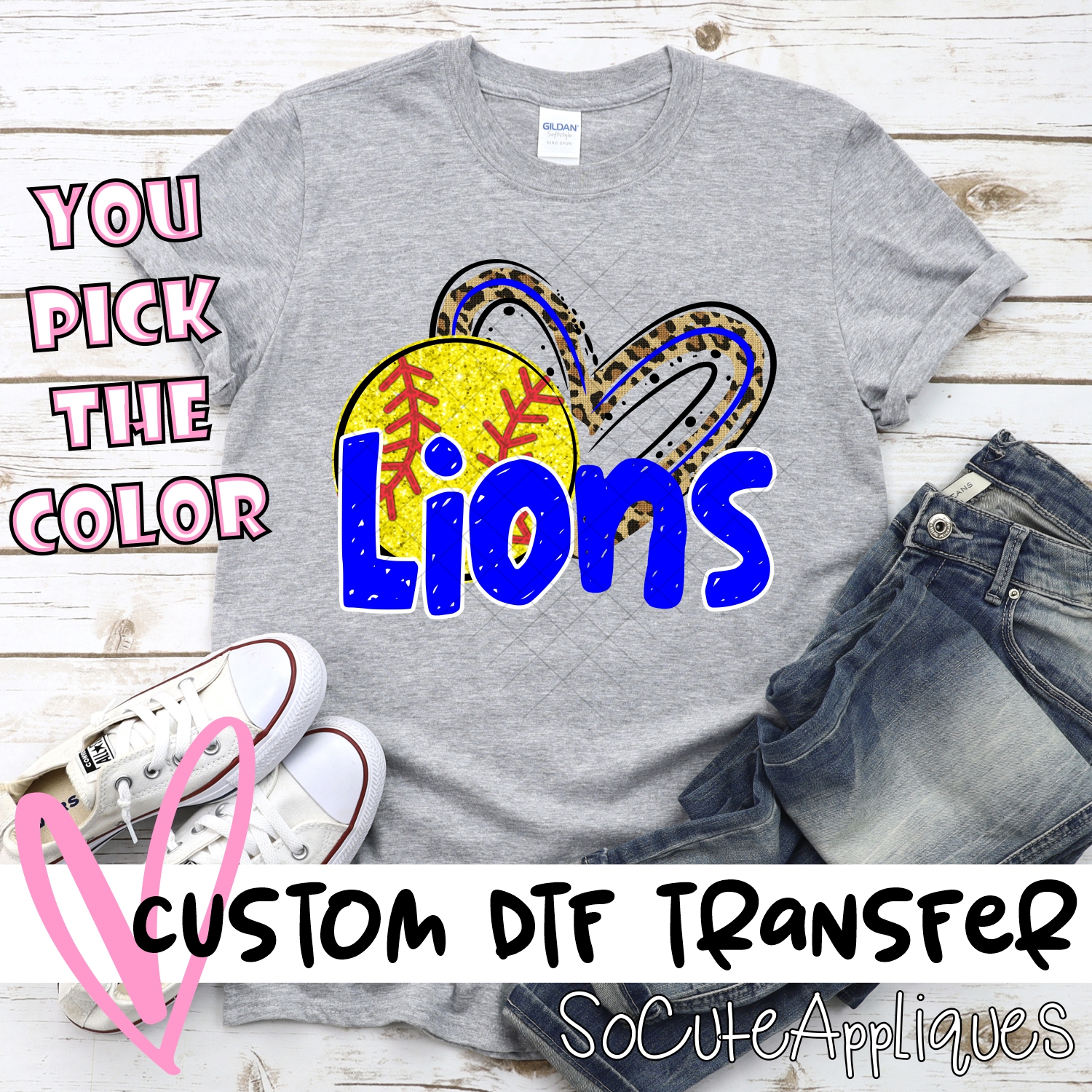 CUSTOM LIONS (faux) glitter softball leopard heart *DTF* Transfer