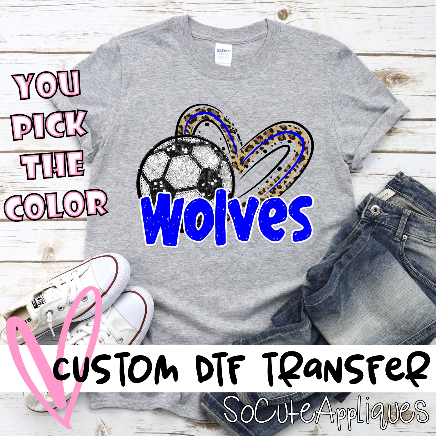 CUSTOM WOLVES (faux) glitter soccer leopard heart *DTF* Transfer