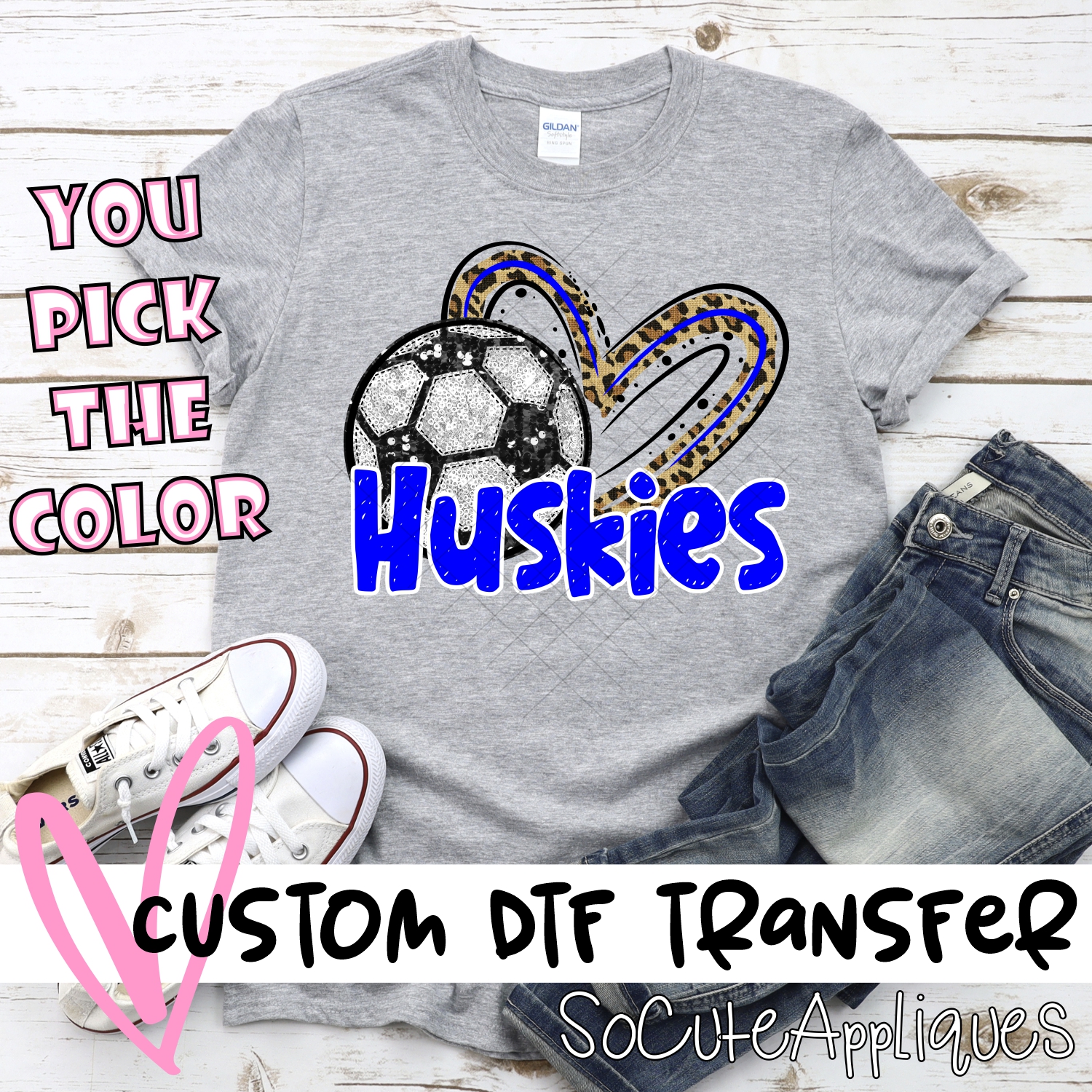 CUSTOM HUSKIES (faux) glitter soccer leopard heart *DTF* Transfer
