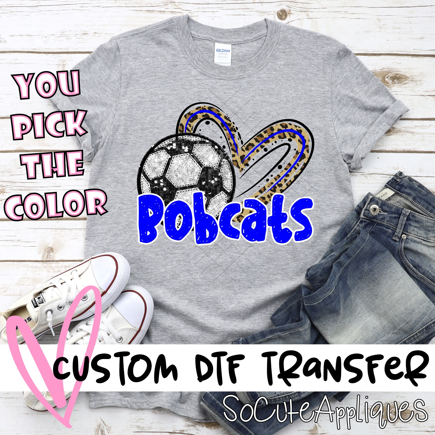 CUSTOM BOBCATS (faux) glitter soccer leopard heart *DTF* Transfer