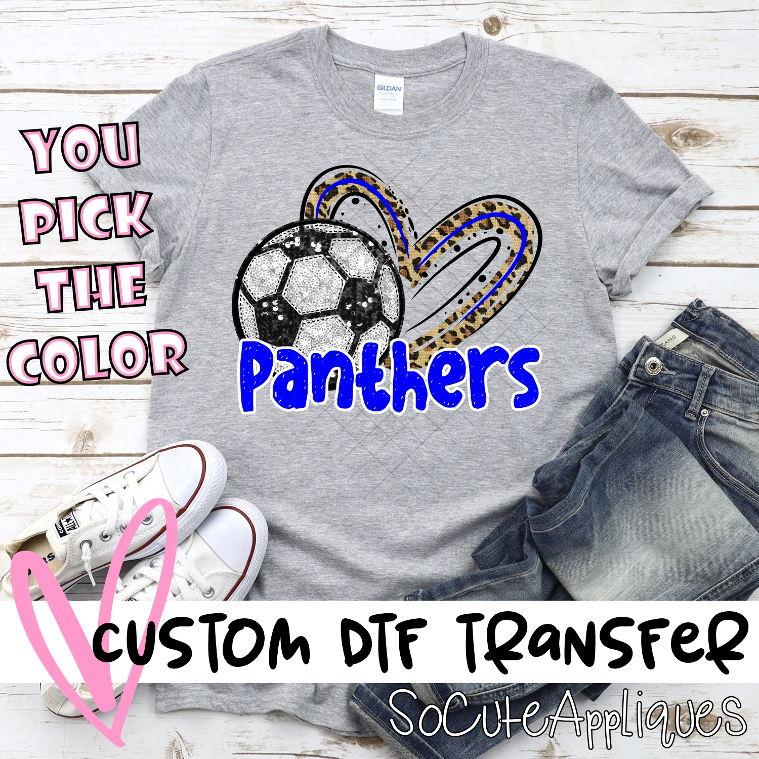 CUSTOM PANTHERS (faux) glitter soccer leopard heart *DTF* Transfer