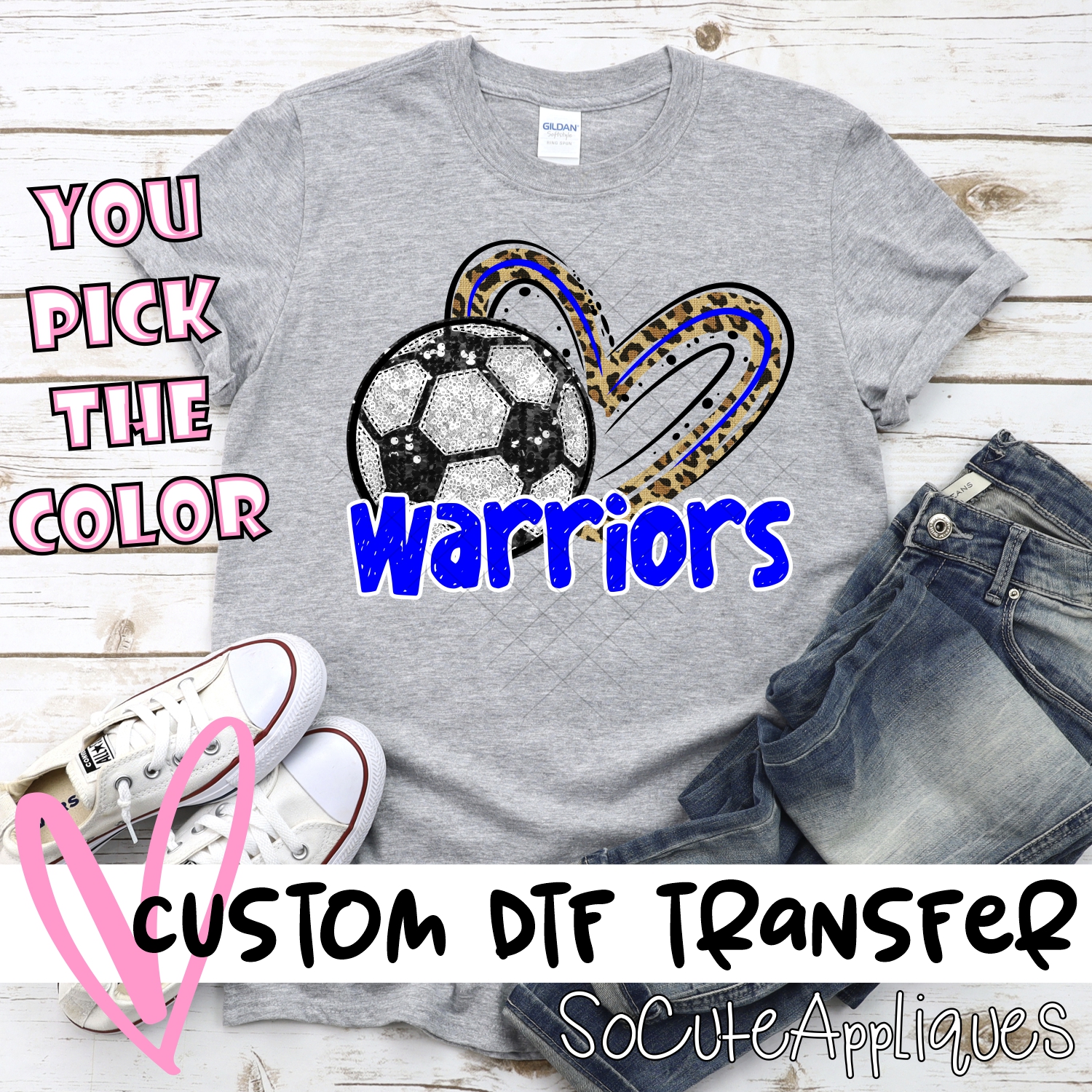 CUSTOM WARRIORS (faux) glitter soccer leopard heart *DTF* Transfer
