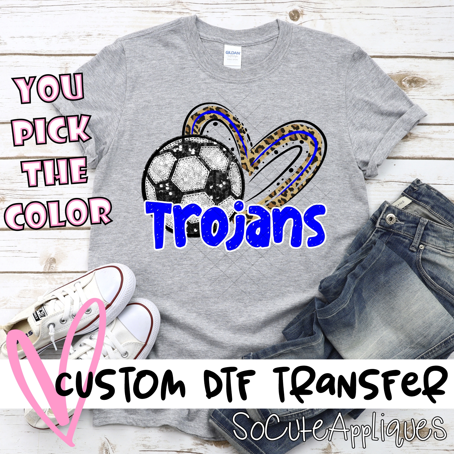 CUSTOM TROJANS (faux) glitter soccer leopard heart *DTF* Transfer