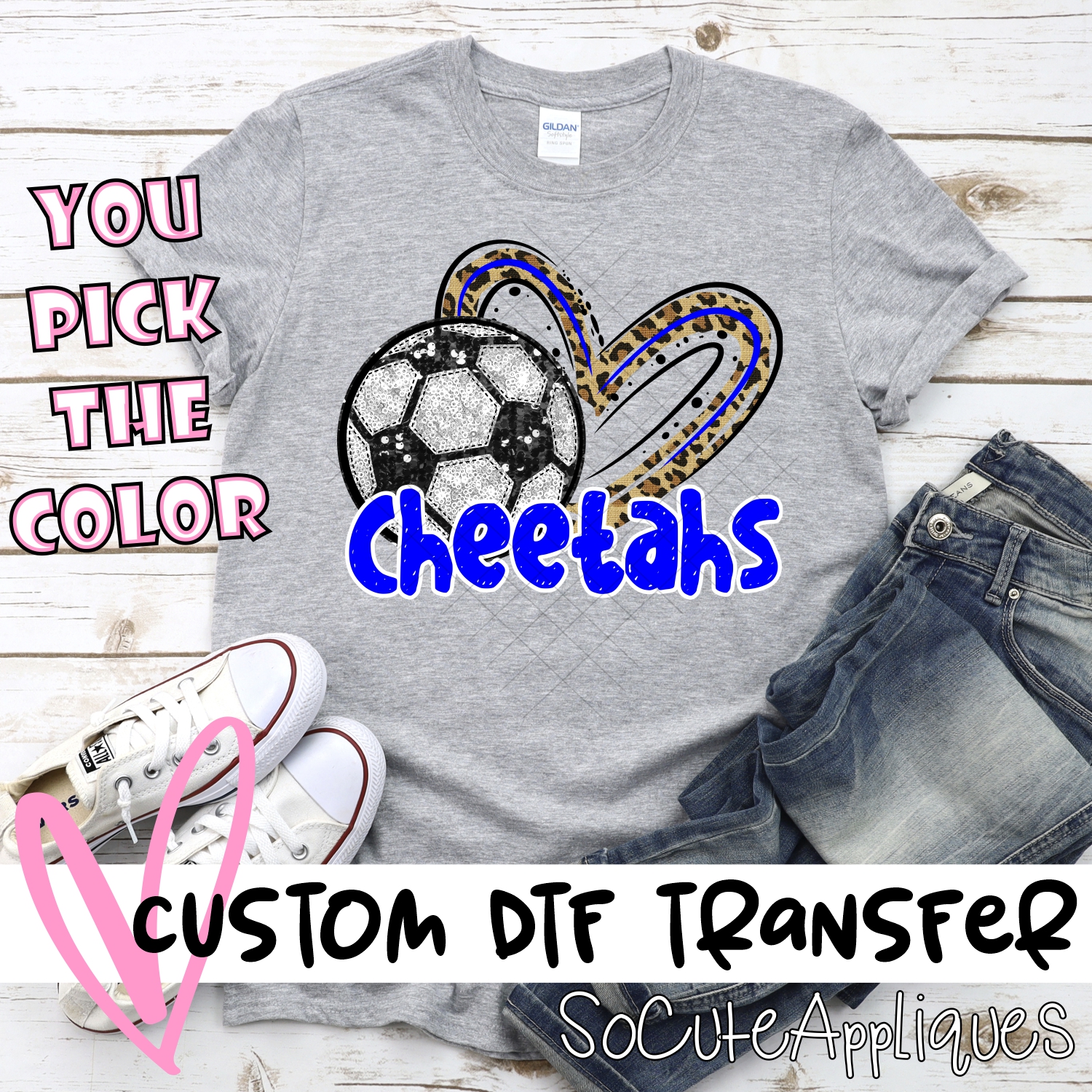 CUSTOM CHEETAHS (faux) glitter soccer leopard heart *DTF* Transfer