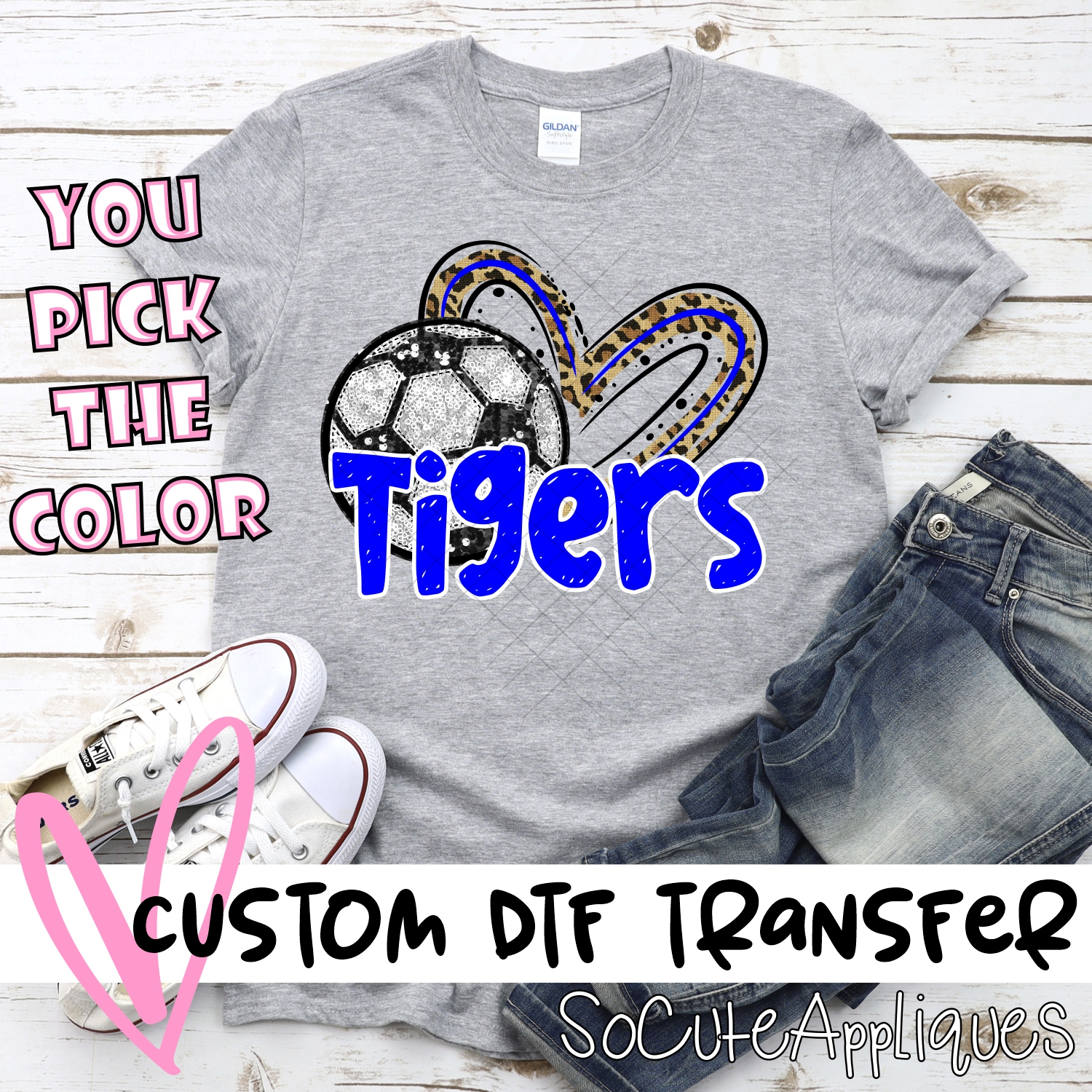 CUSTOM TIGERS (faux) glitter soccer leopard heart *DTF* Transfer