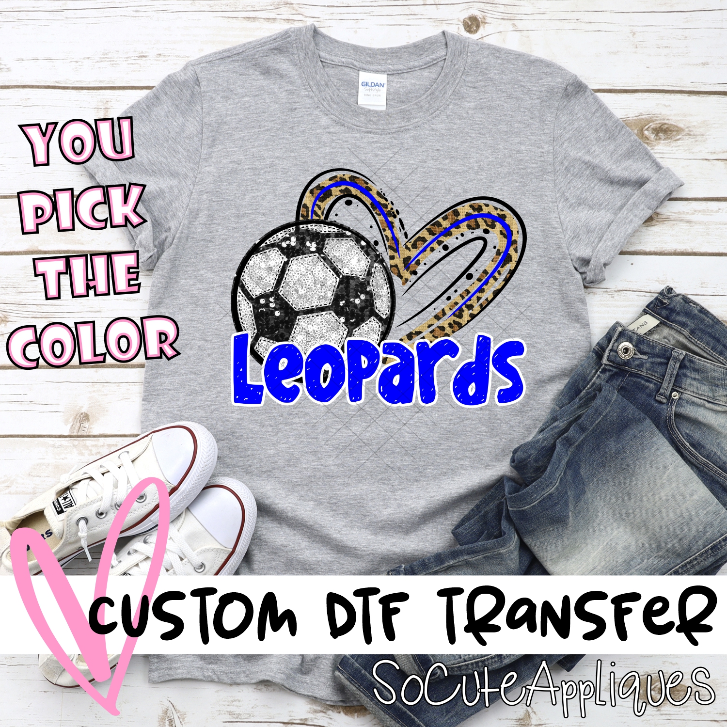 CUSTOM LEOPARDS (faux) glitter soccer leopard heart *DTF* Transfer