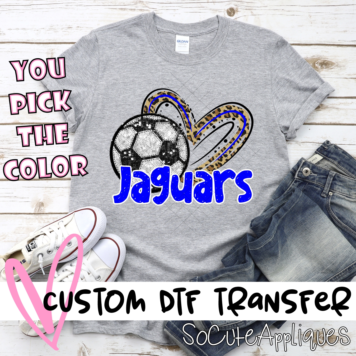 CUSTOM JAGUARS (faux) glitter soccer leopard heart *DTF* Transfer