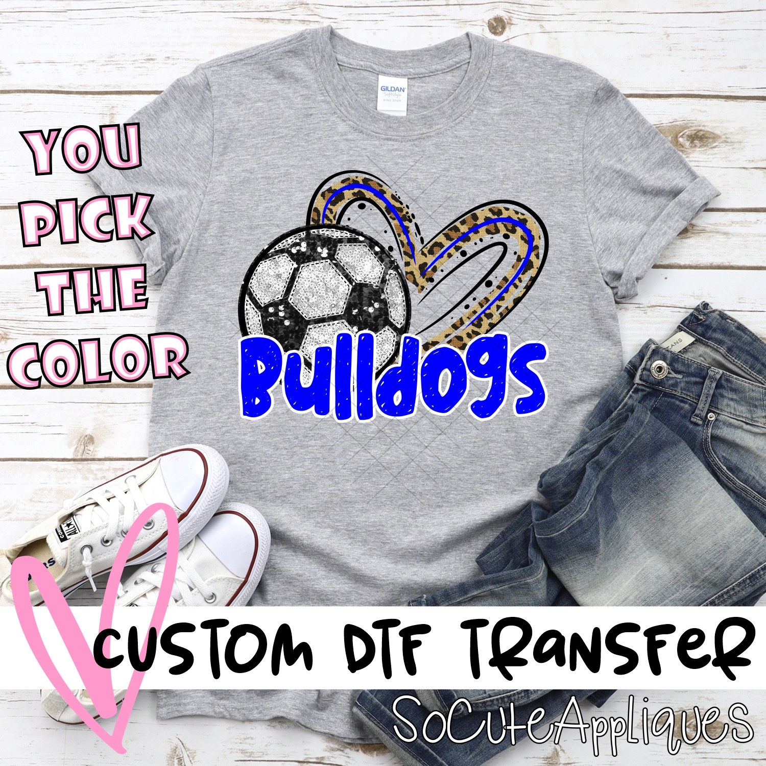 CUSTOM BULLDOGS (faux) glitter soccer leopard heart *DTF* Transfer