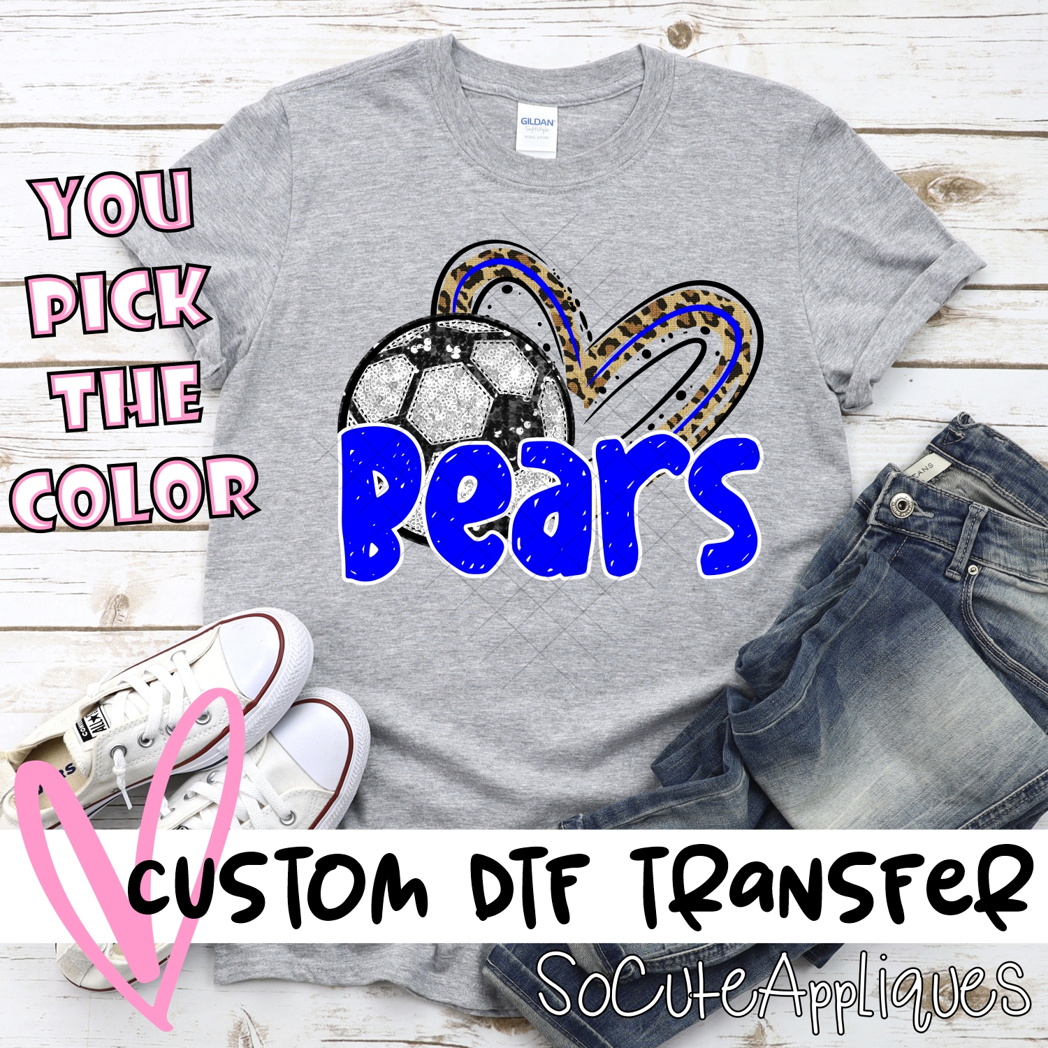 CUSTOM BEARS (faux) glitter soccer leopard heart *DTF* Transfer
