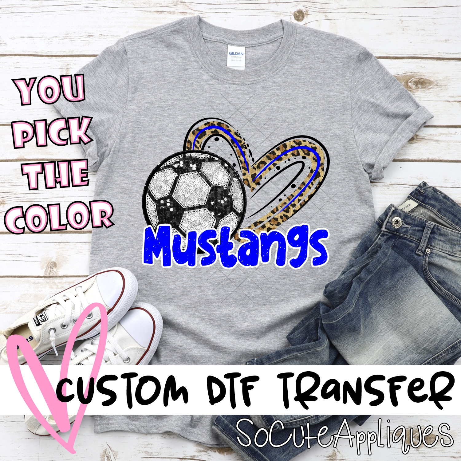 CUSTOM MUSTANGS (faux) glitter soccer leopard heart *DTF* Transfer