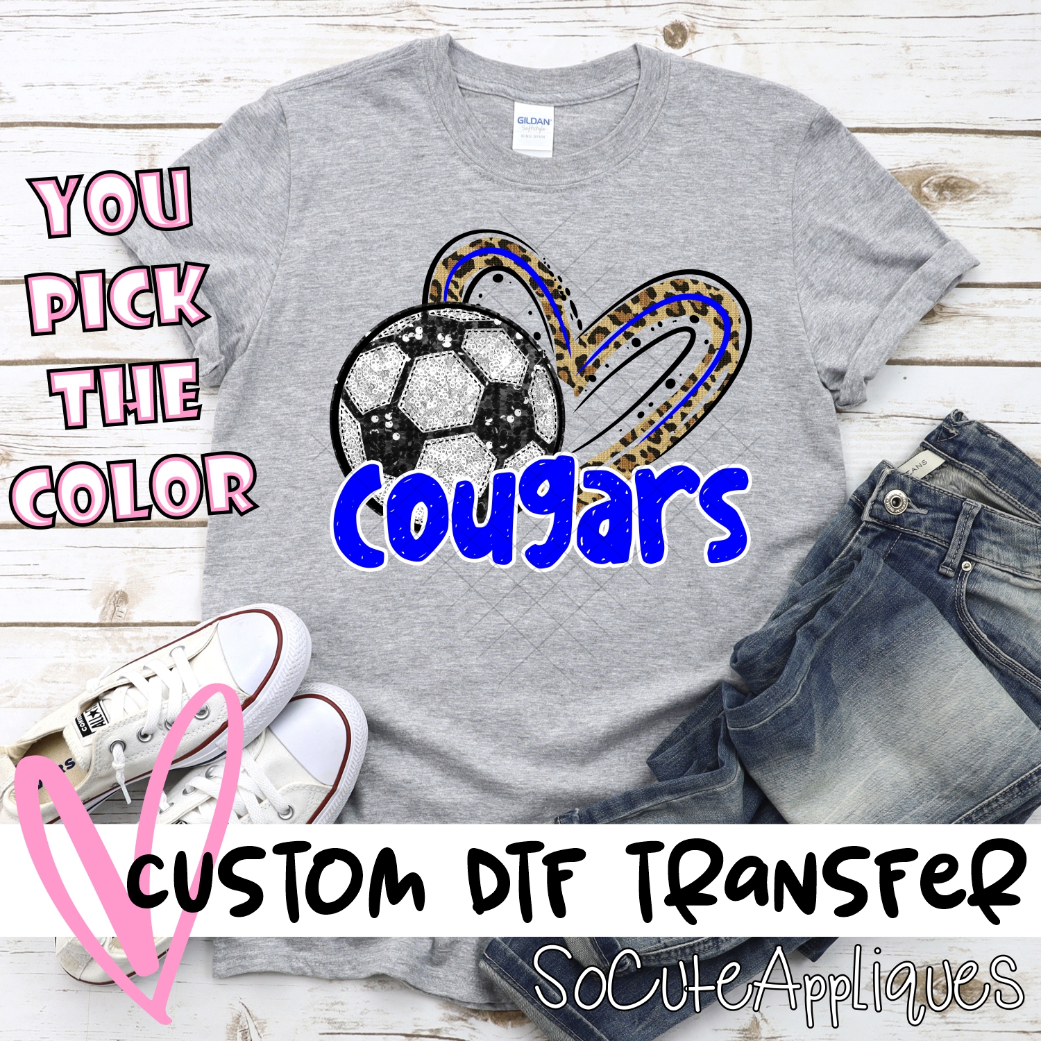 CUSTOM COUGARS (faux) glitter soccer leopard heart *DTF* Transfer