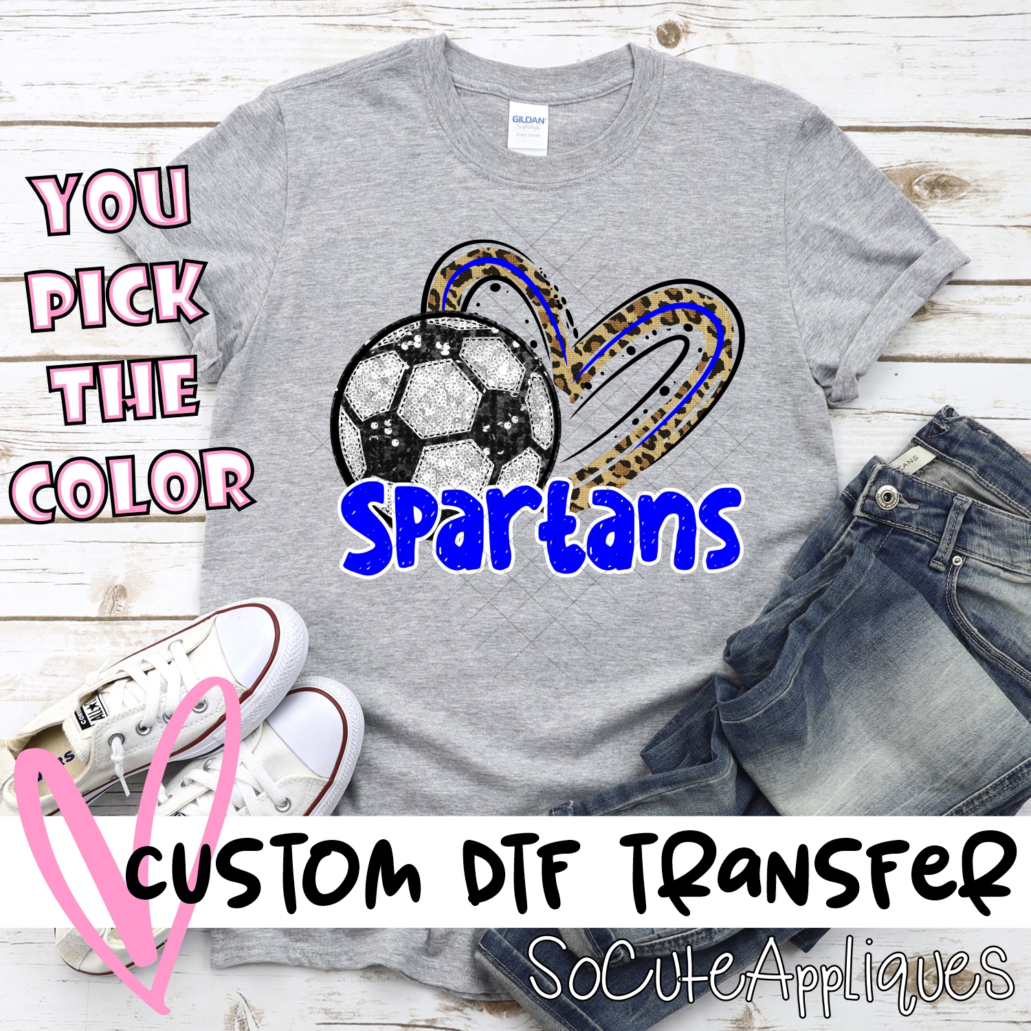 CUSTOM SPARTANS (faux) glitter soccer leopard heart *DTF* Transfer