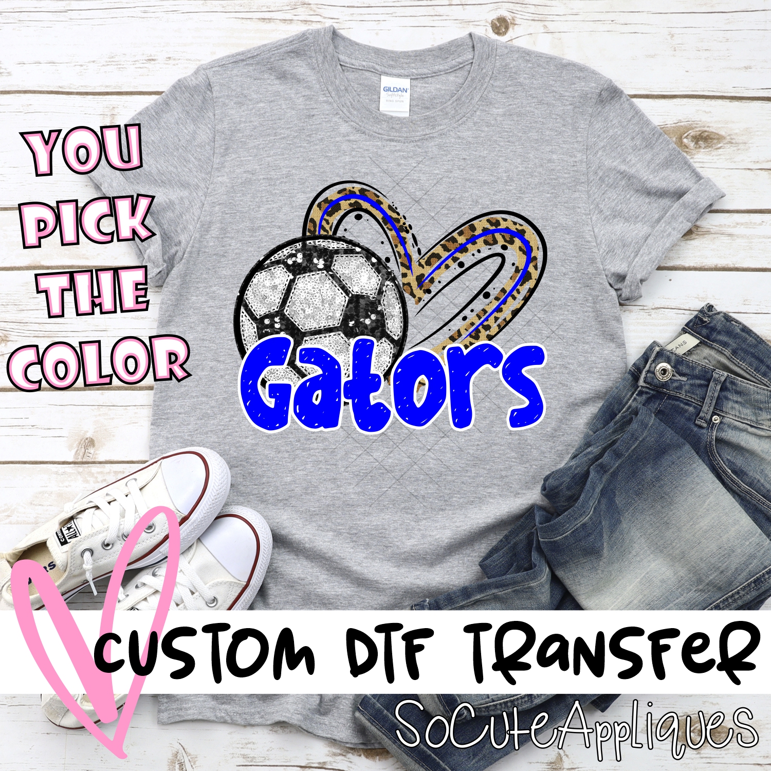 CUSTOM GATORS (faux) glitter soccer leopard heart *DTF* Transfer