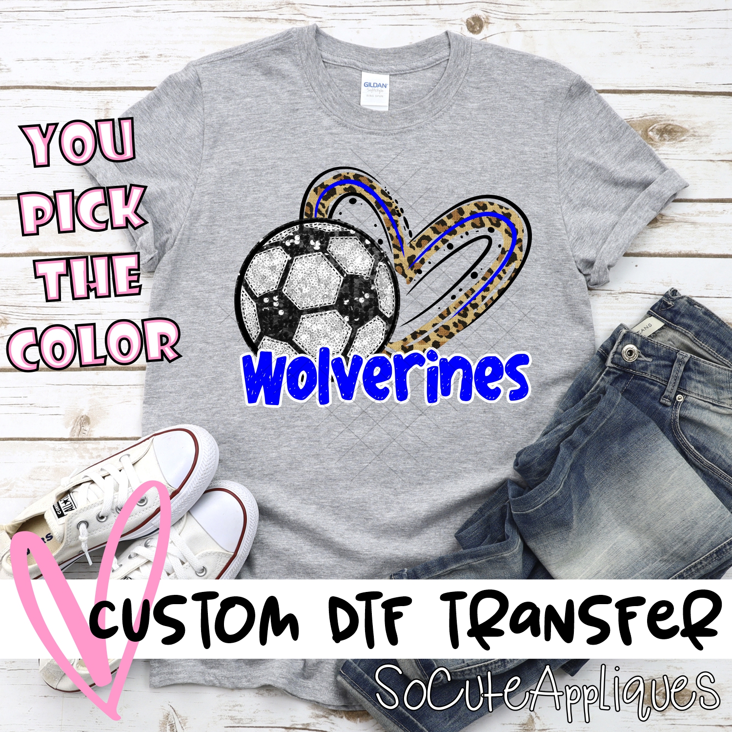 CUSTOM WOLVERINES (faux) glitter soccer leopard heart *DTF* Transfer