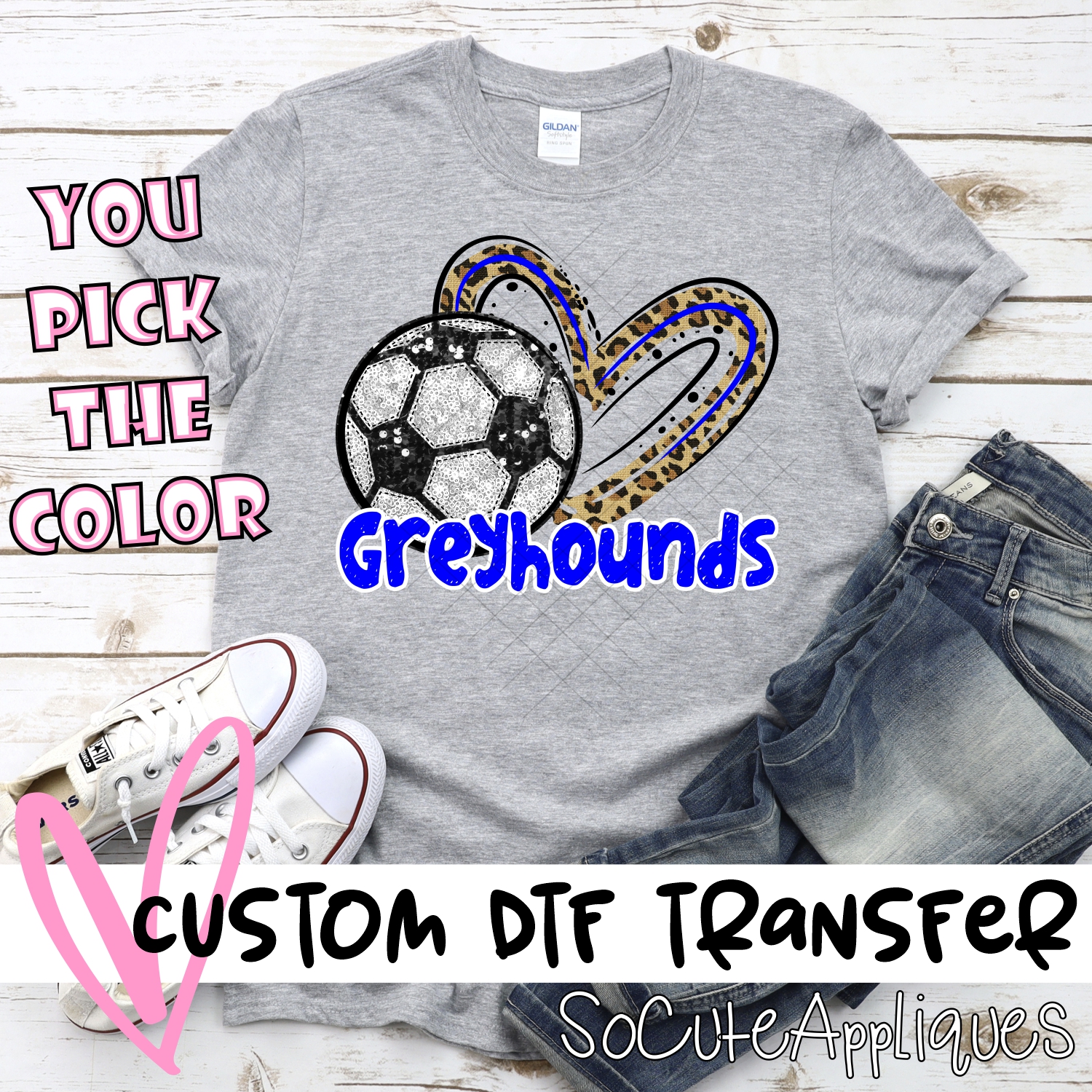 CUSTOM GREYHOUNDS (faux) glitter soccer leopard heart *DTF* Transfer