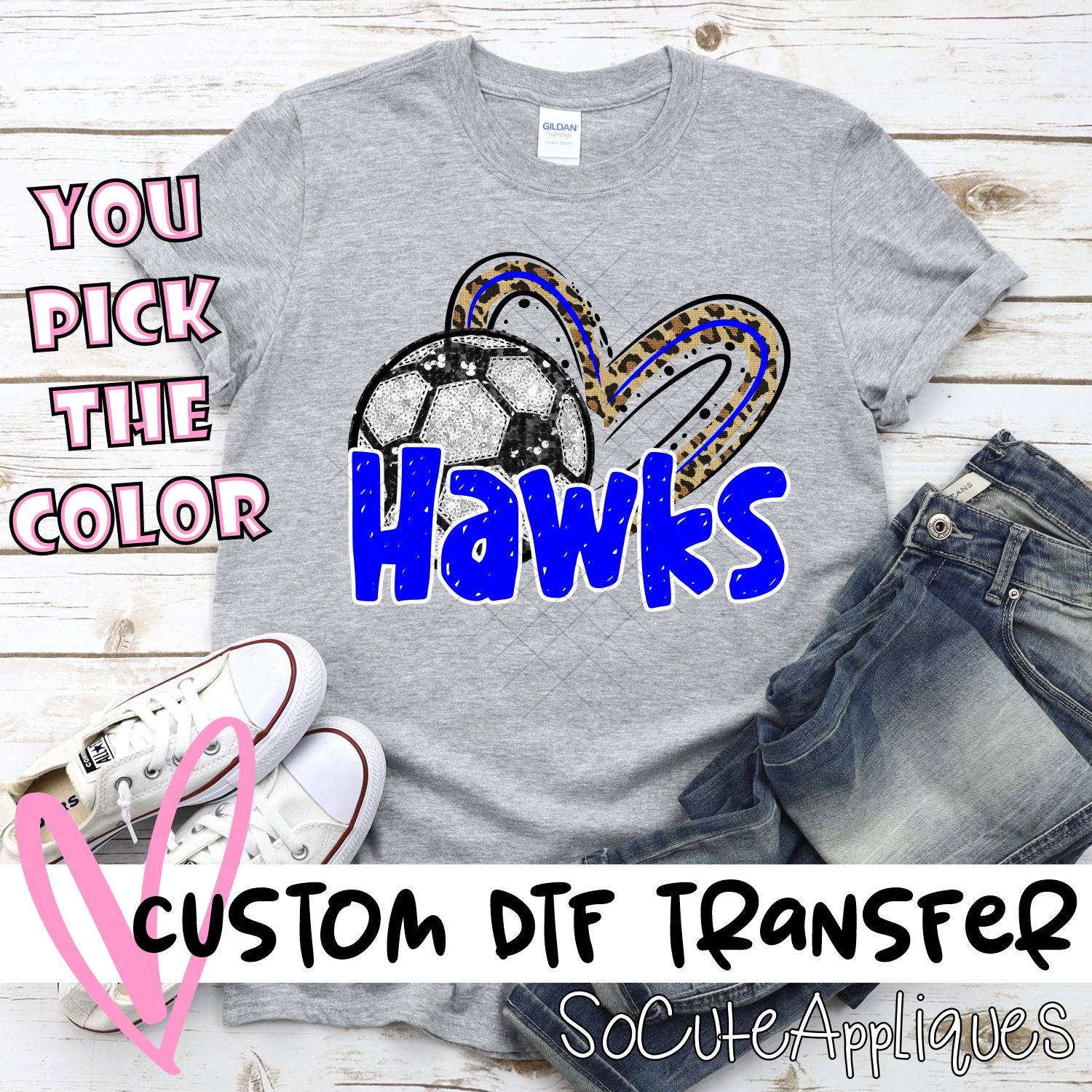 CUSTOM HAWKS (faux) glitter soccer leopard heart *DTF* Transfer