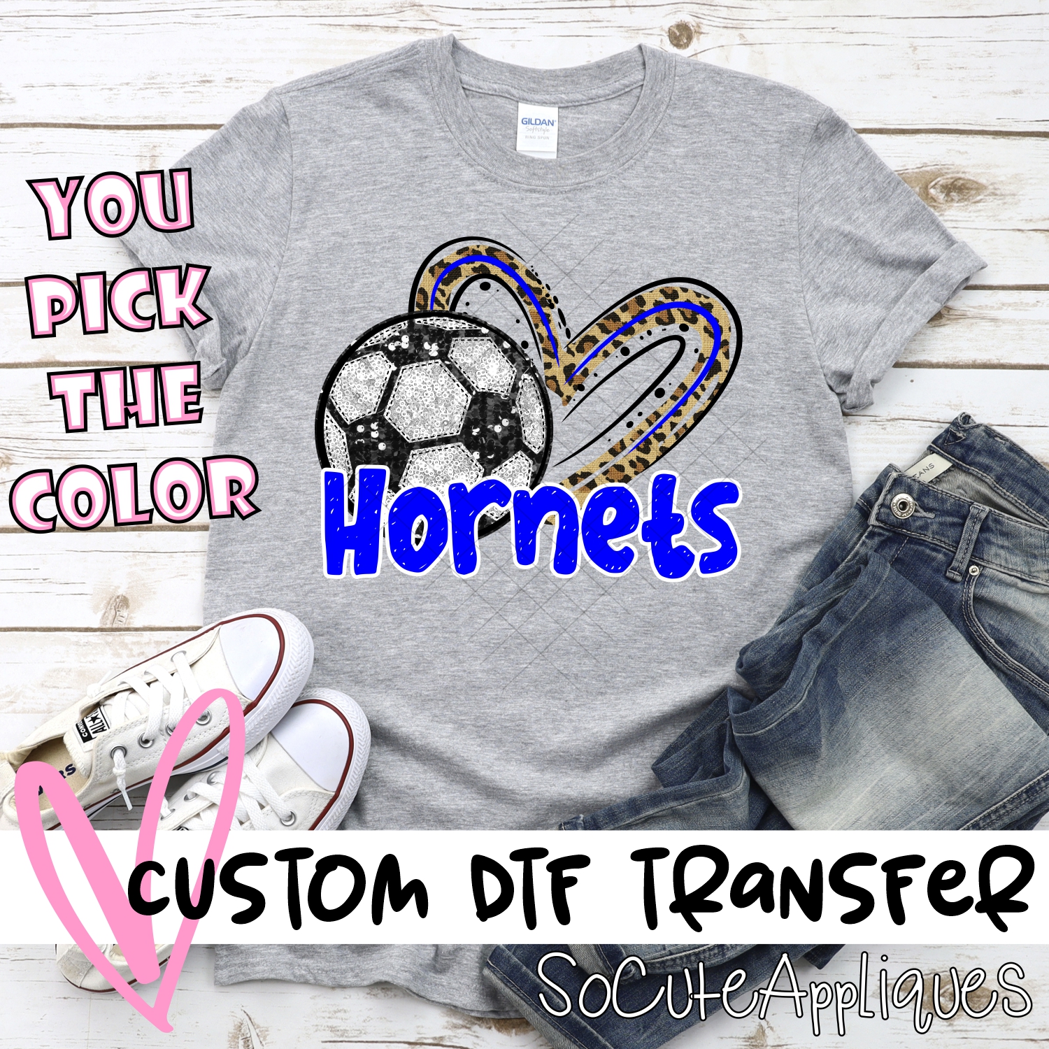 CUSTOM HORNETS (faux) glitter soccer leopard heart *DTF* Transfer
