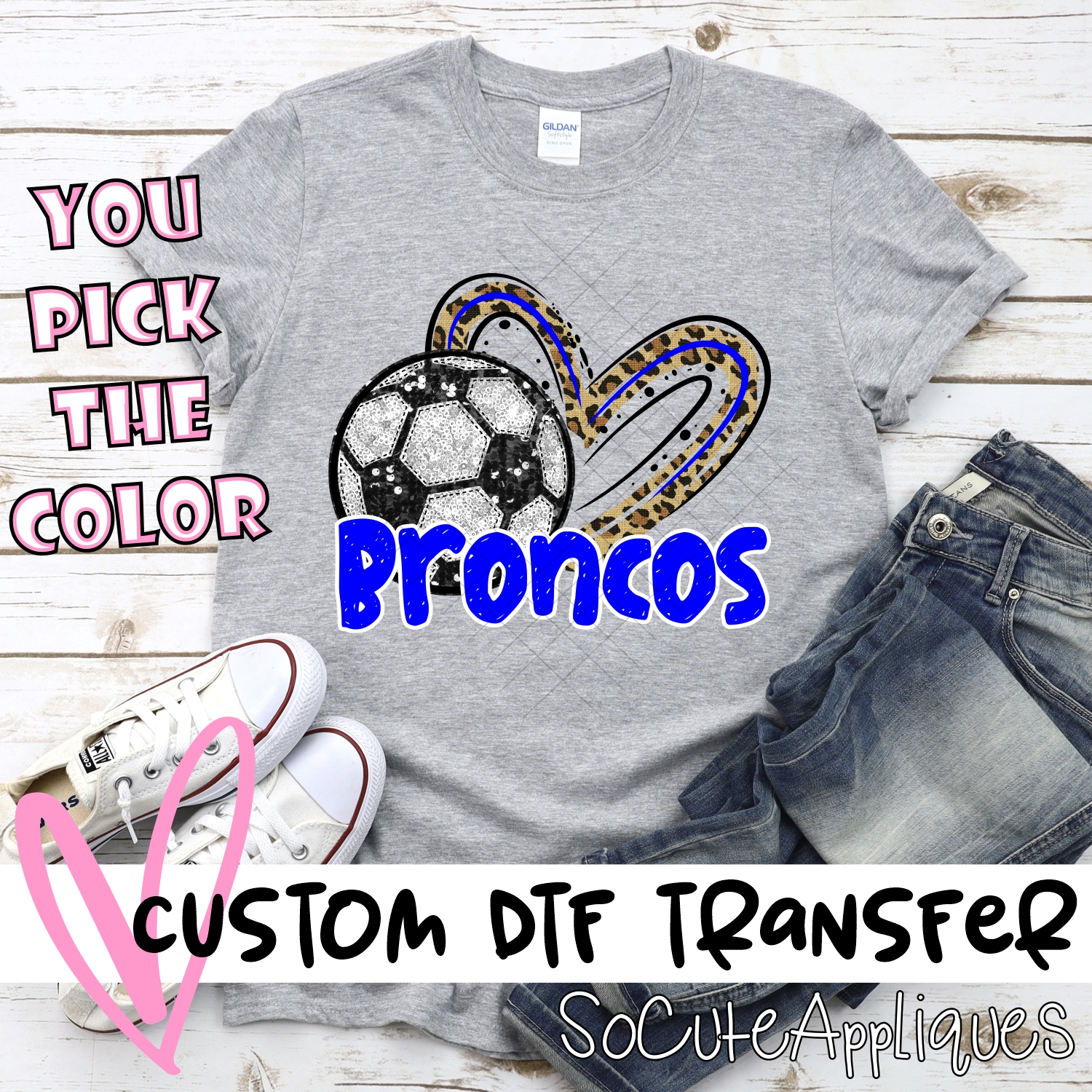 CUSTOM BRONCOS (faux) glitter soccer leopard heart *DTF* Transfer