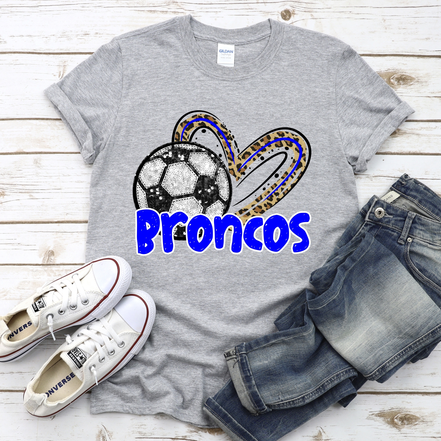 CUSTOM BRONCOS (faux) glitter soccer leopard heart *DTF* Transfer - Image 2