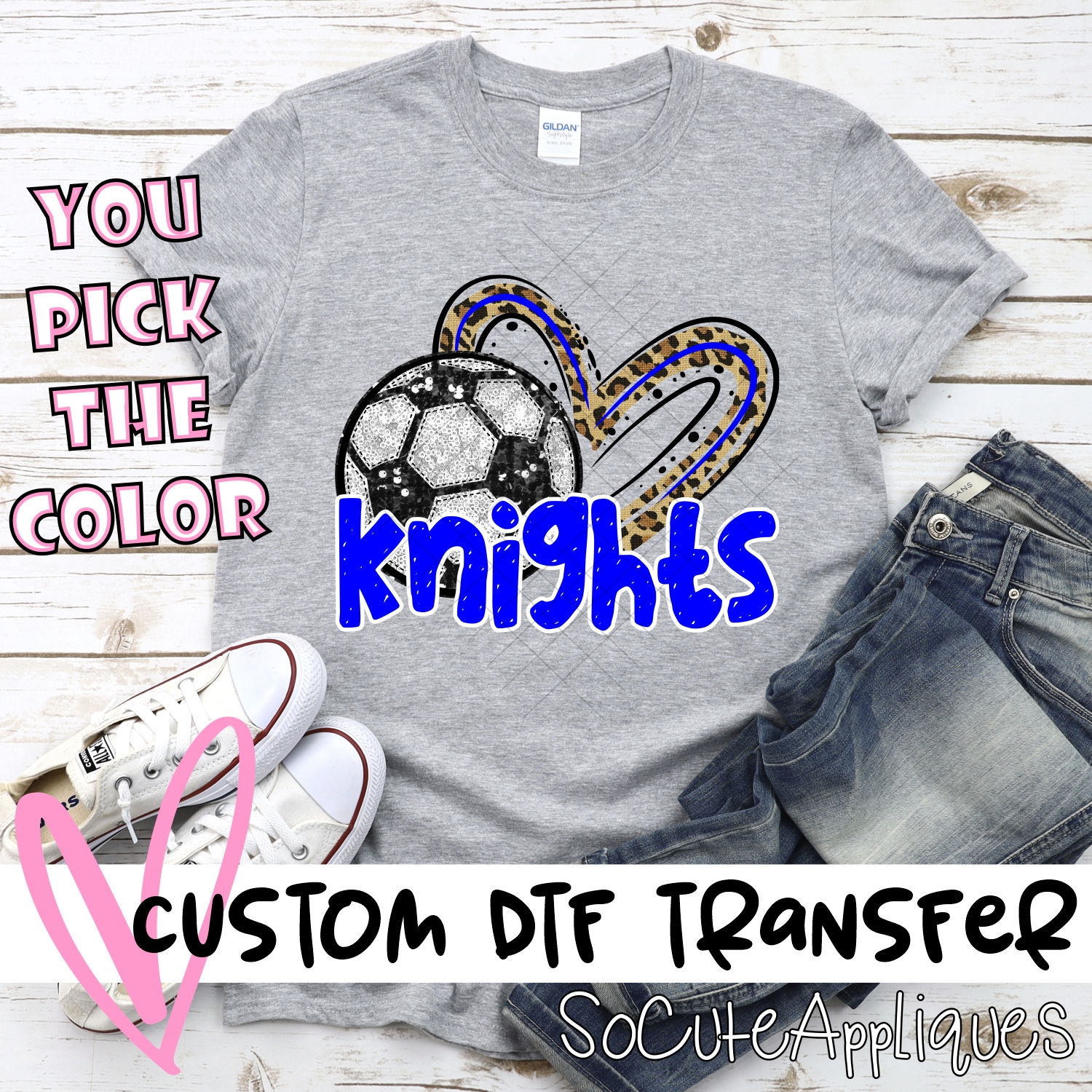 CUSTOM KNIGHTS (faux) glitter soccer leopard heart *DTF* Transfer