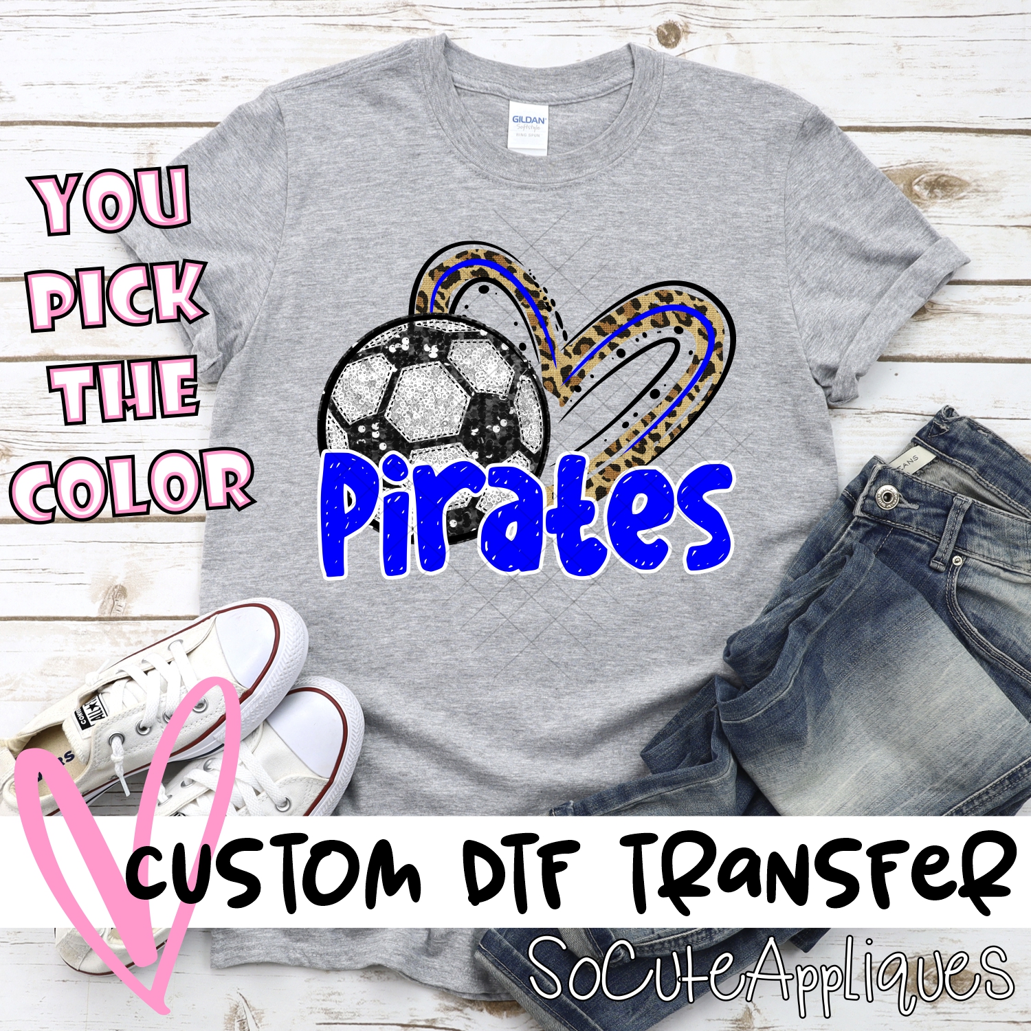 CUSTOM PIRATES (faux) glitter soccer leopard heart *DTF* Transfer