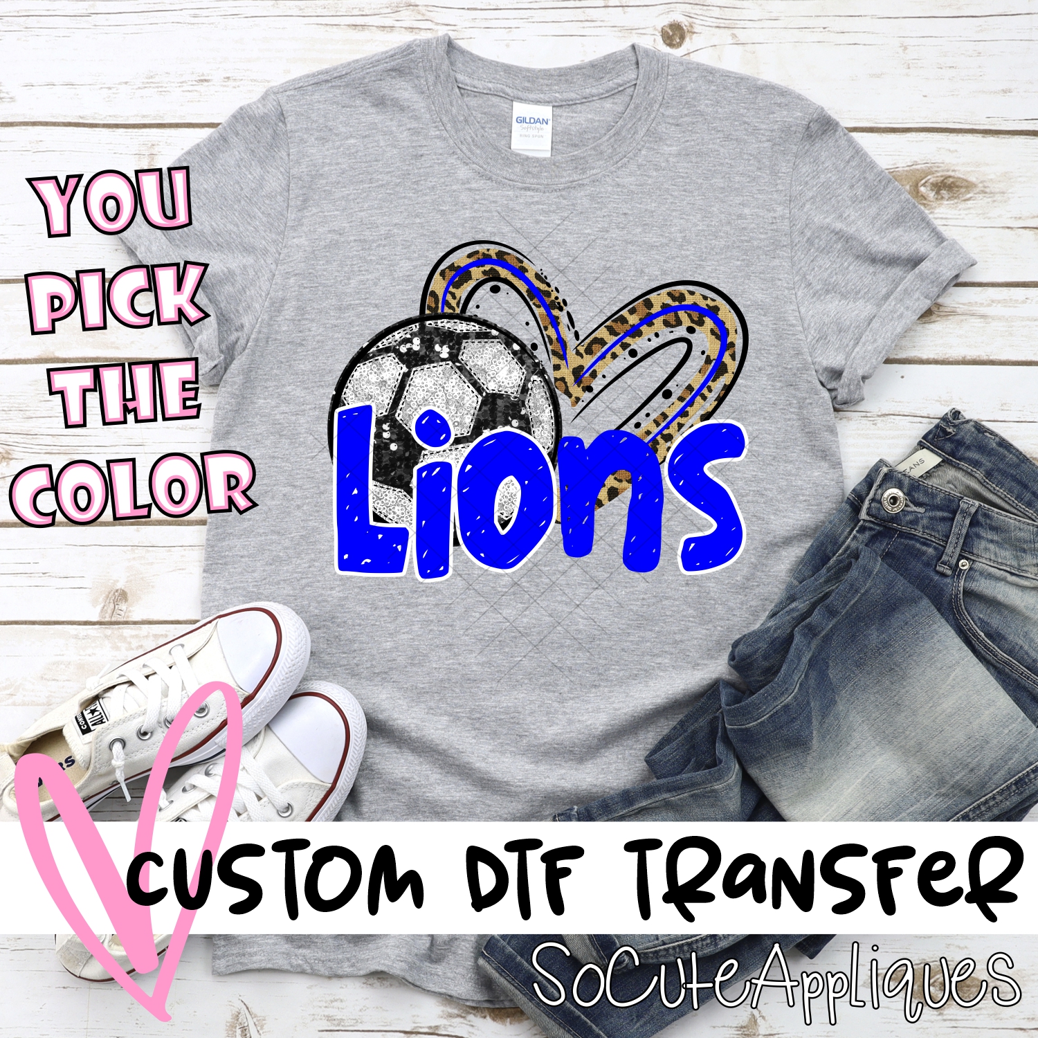 CUSTOM LIONS (faux) glitter soccer leopard heart *DTF* Transfer