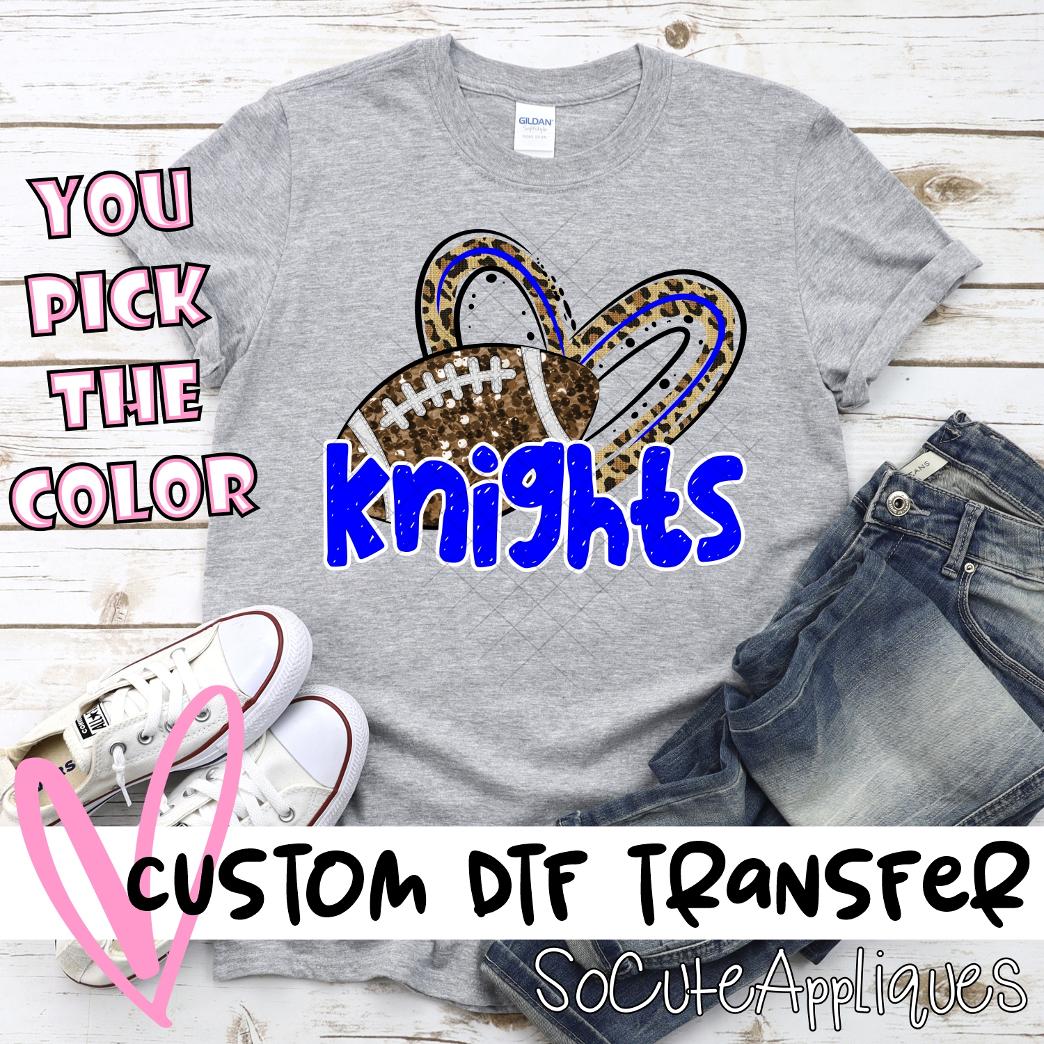 CUSTOM KNIGHTS (faux) glitter football leopard heart *DTF* Transfer