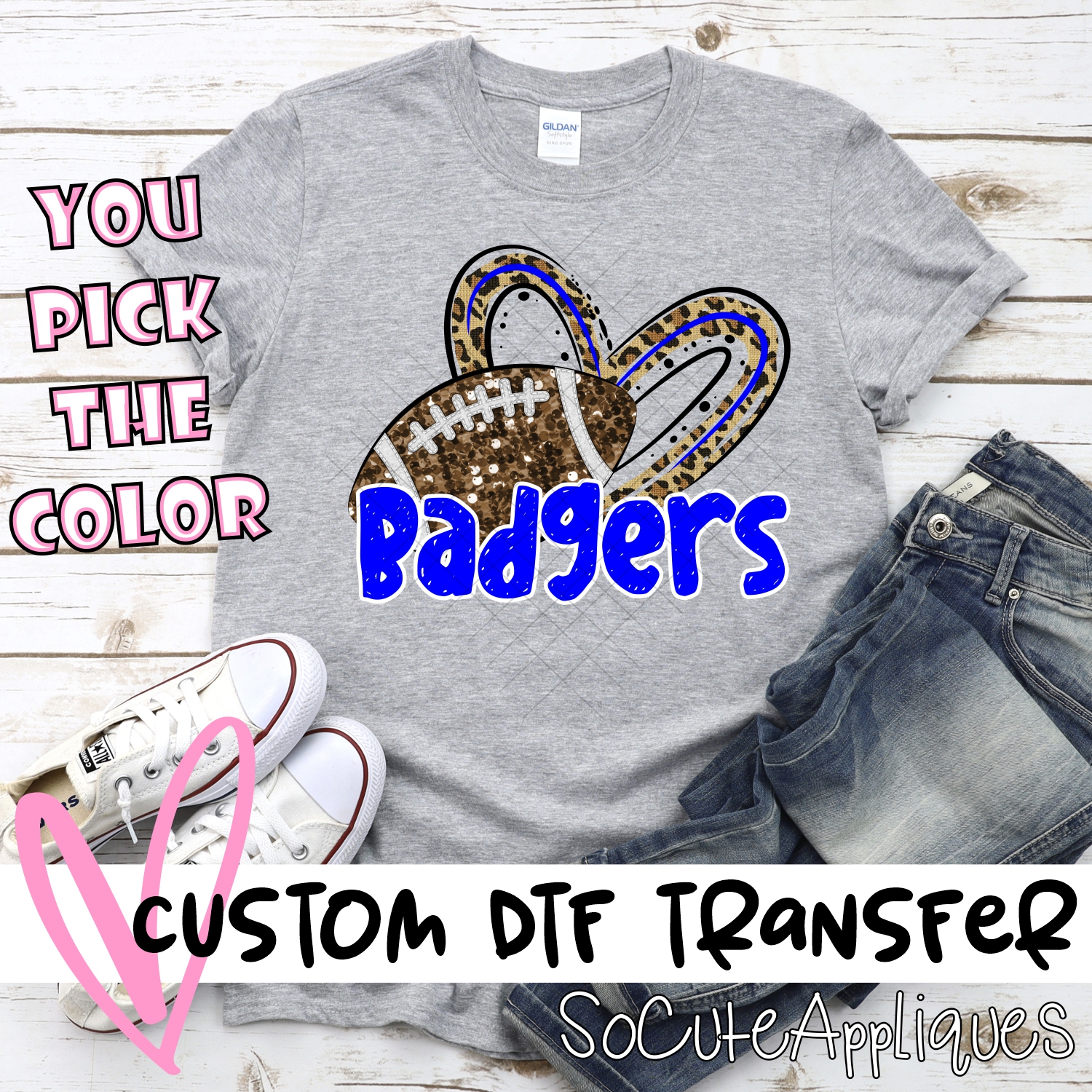 CUSTOM BADGERS (faux) glitter football leopard heart *DTF* Transfer