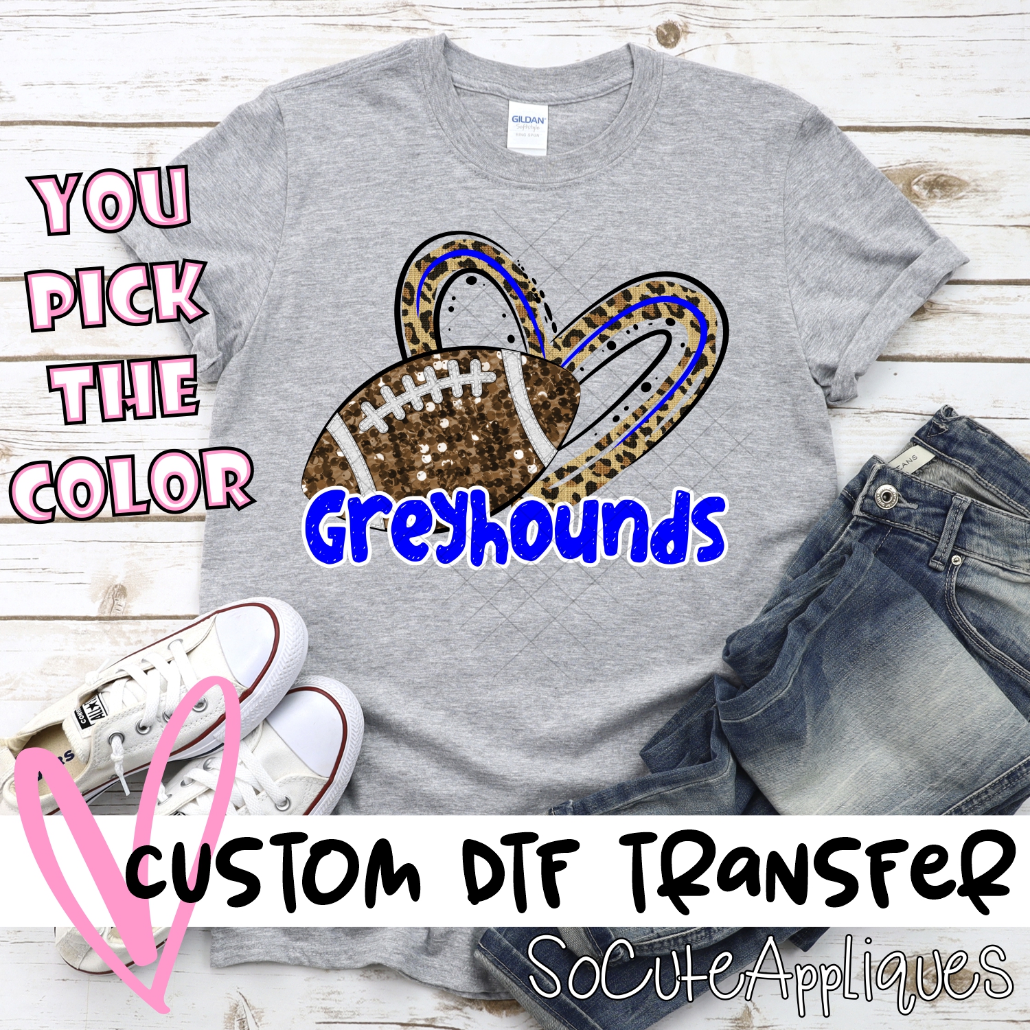 CUSTOM GREYHOUNDS (faux) glitter football leopard heart *DTF* Transfer