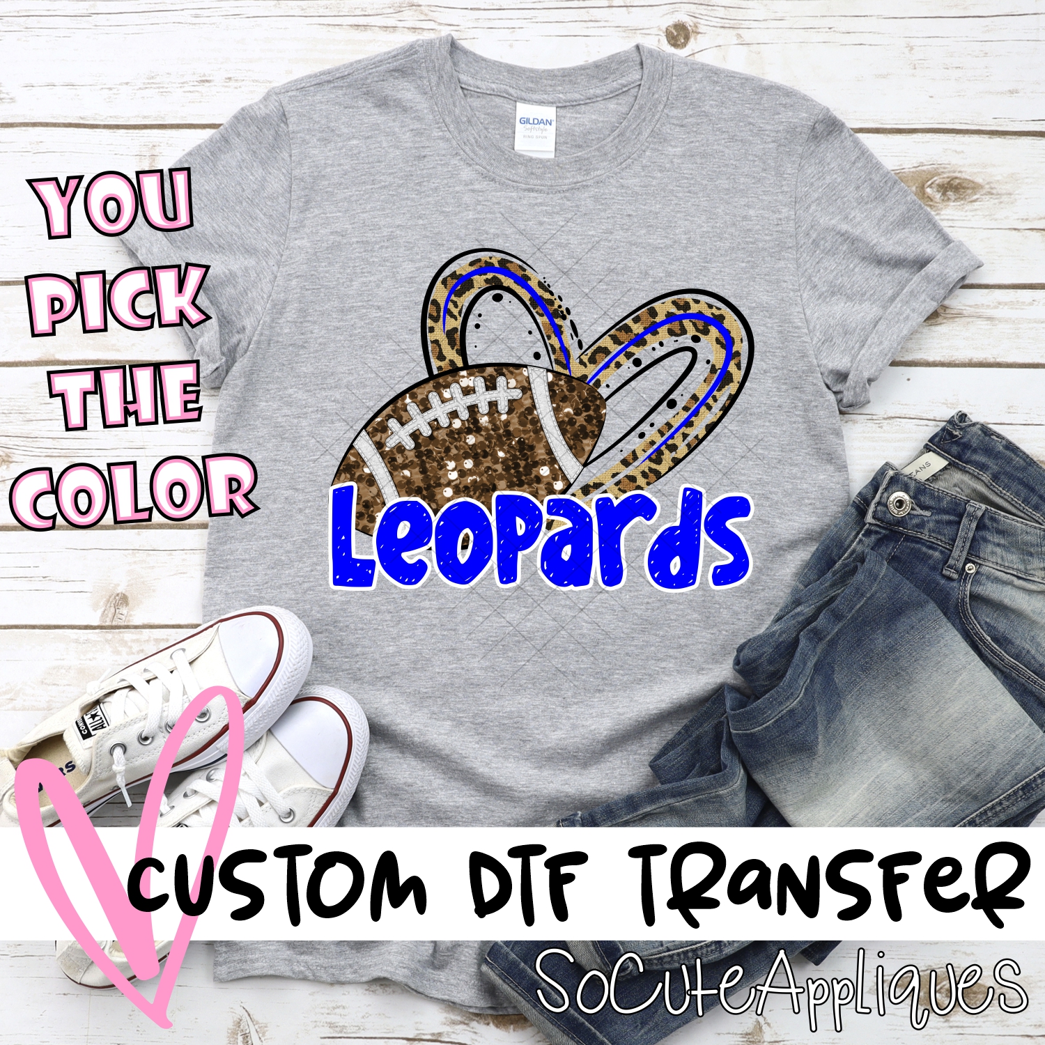 CUSTOM LEOPARDS (faux) glitter football leopard heart *DTF* Transfer