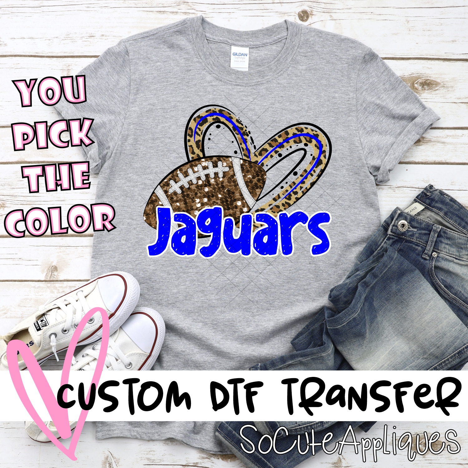 CUSTOM JAGUARS (faux) glitter football leopard heart *DTF* Transfer