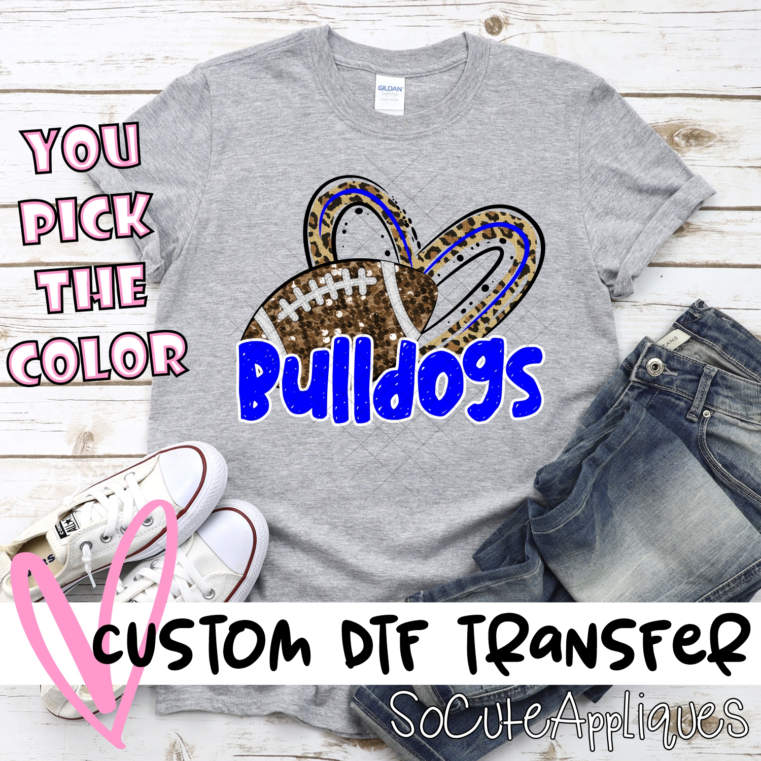 CUSTOM BULLDOGS (faux) glitter football leopard heart *DTF* Transfer