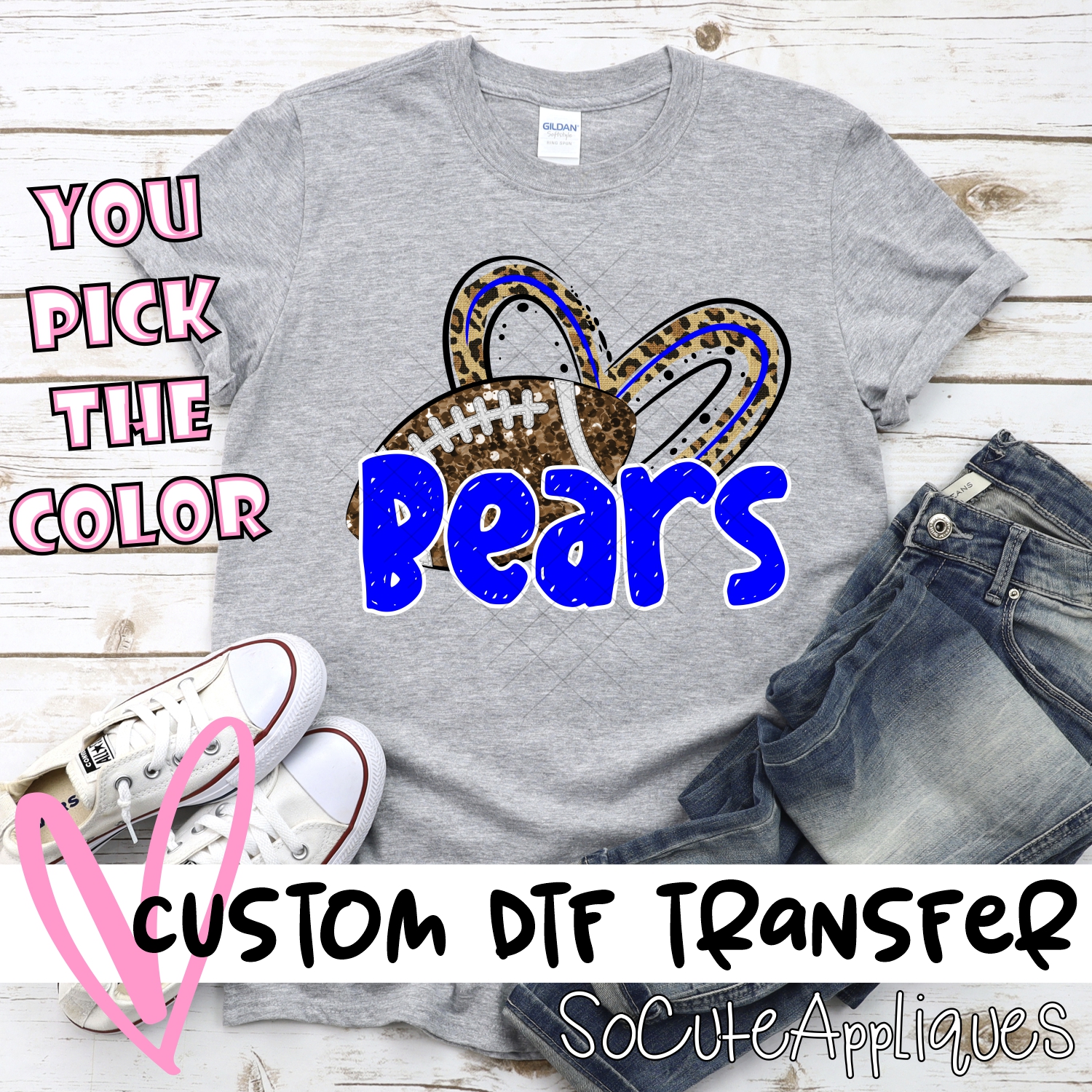 CUSTOM BEARS (faux) glitter football leopard heart *DTF* Transfer