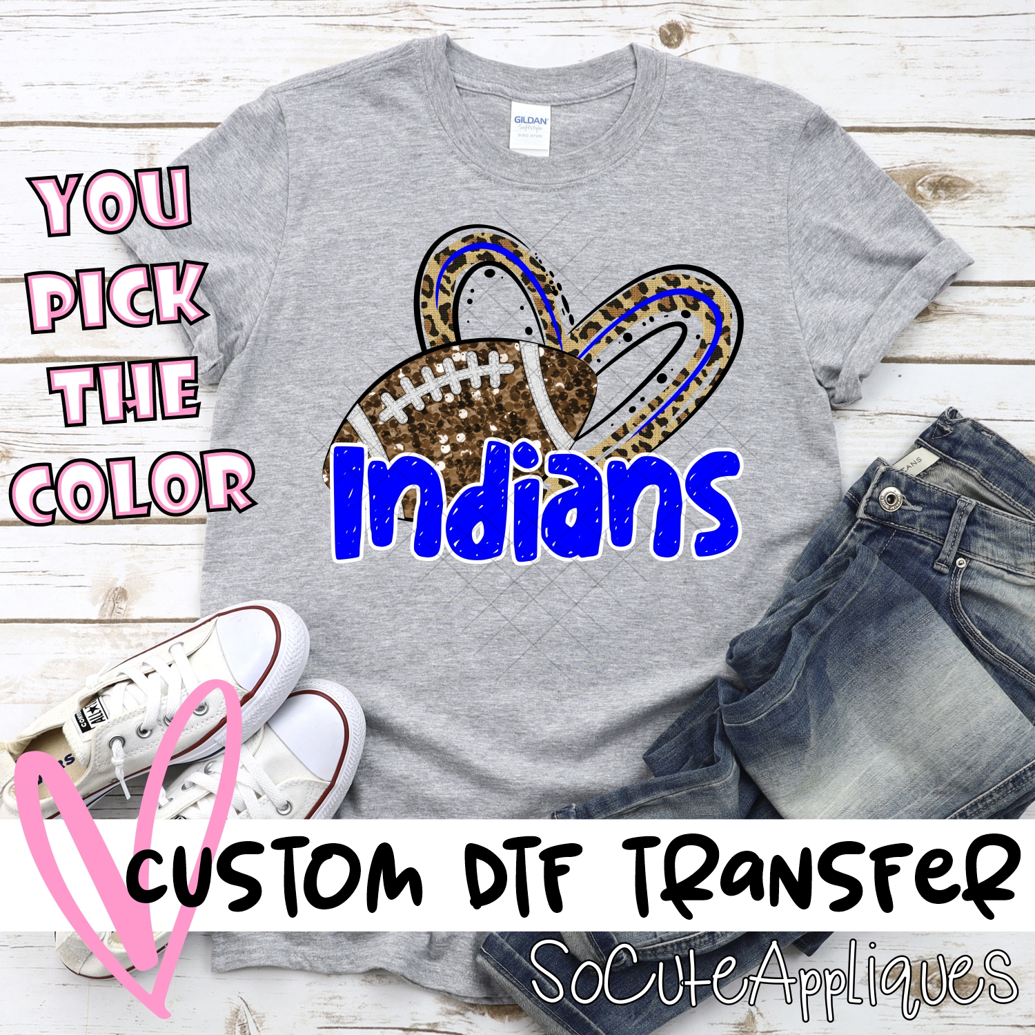 CUSTOM INDIANS (faux) glitter football leopard heart *DTF* Transfer