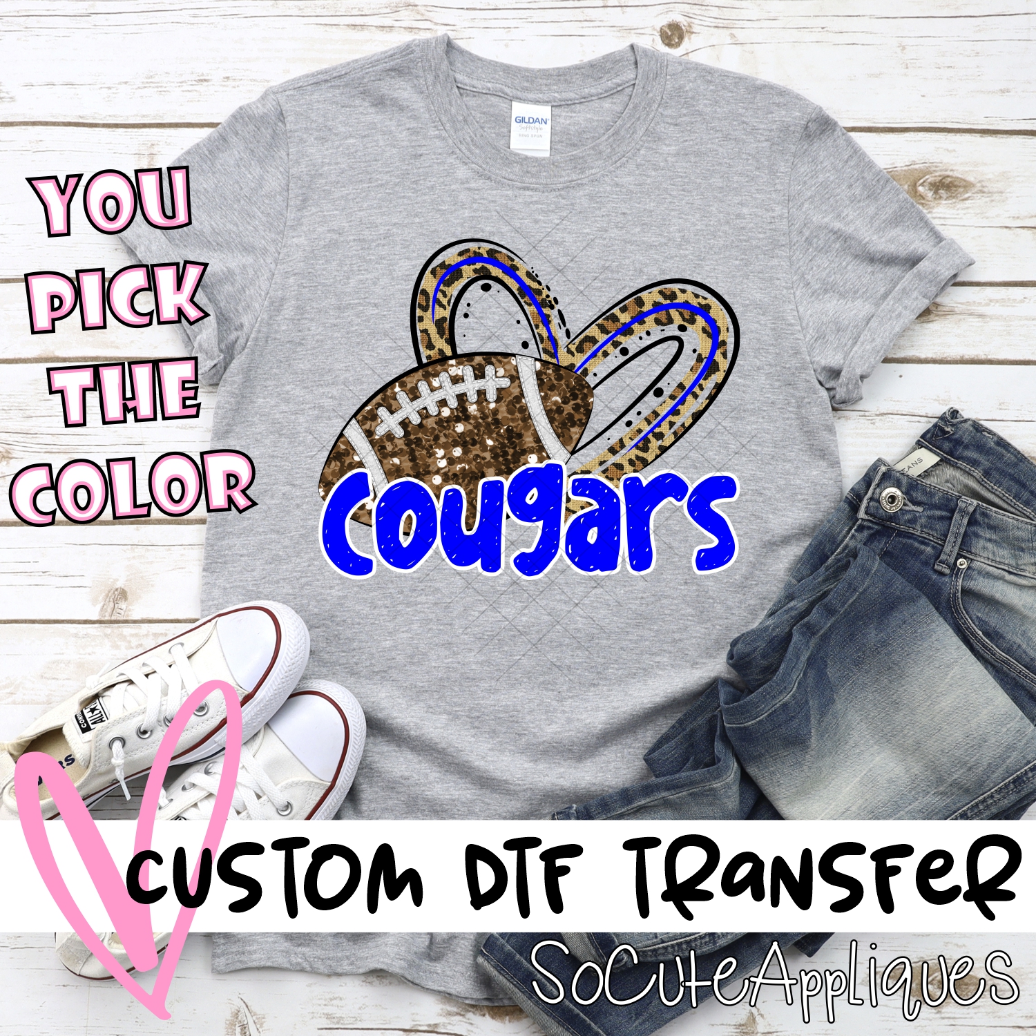 CUSTOM COUGARS (faux) glitter football leopard heart *DTF* Transfer