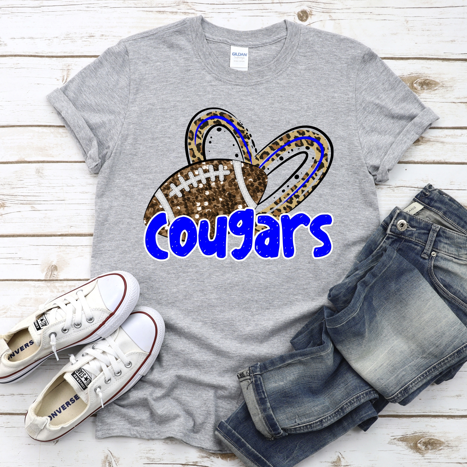 CUSTOM COUGARS (faux) glitter football leopard heart *DTF* Transfer - Image 2
