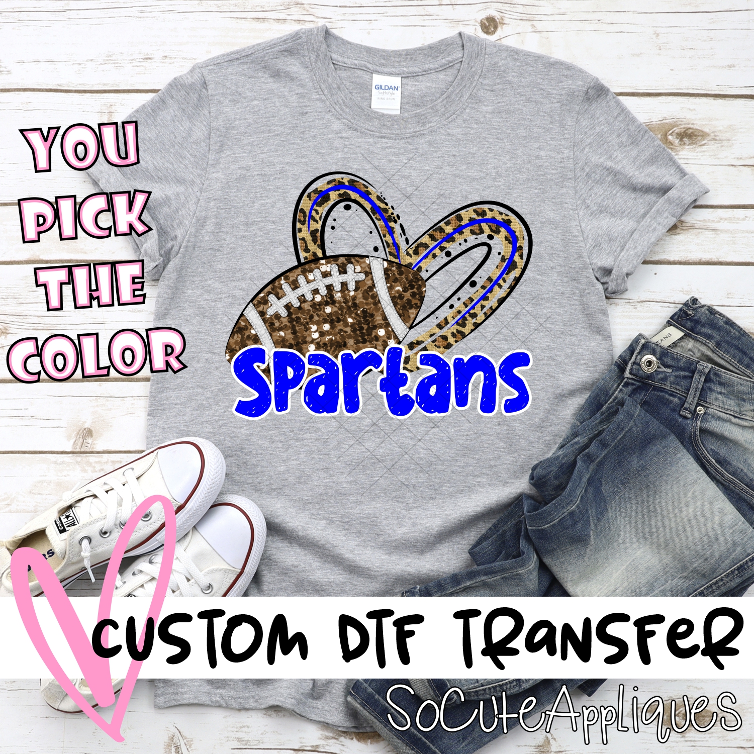CUSTOM SPARTANS (faux) glitter football leopard heart *DTF* Transfer