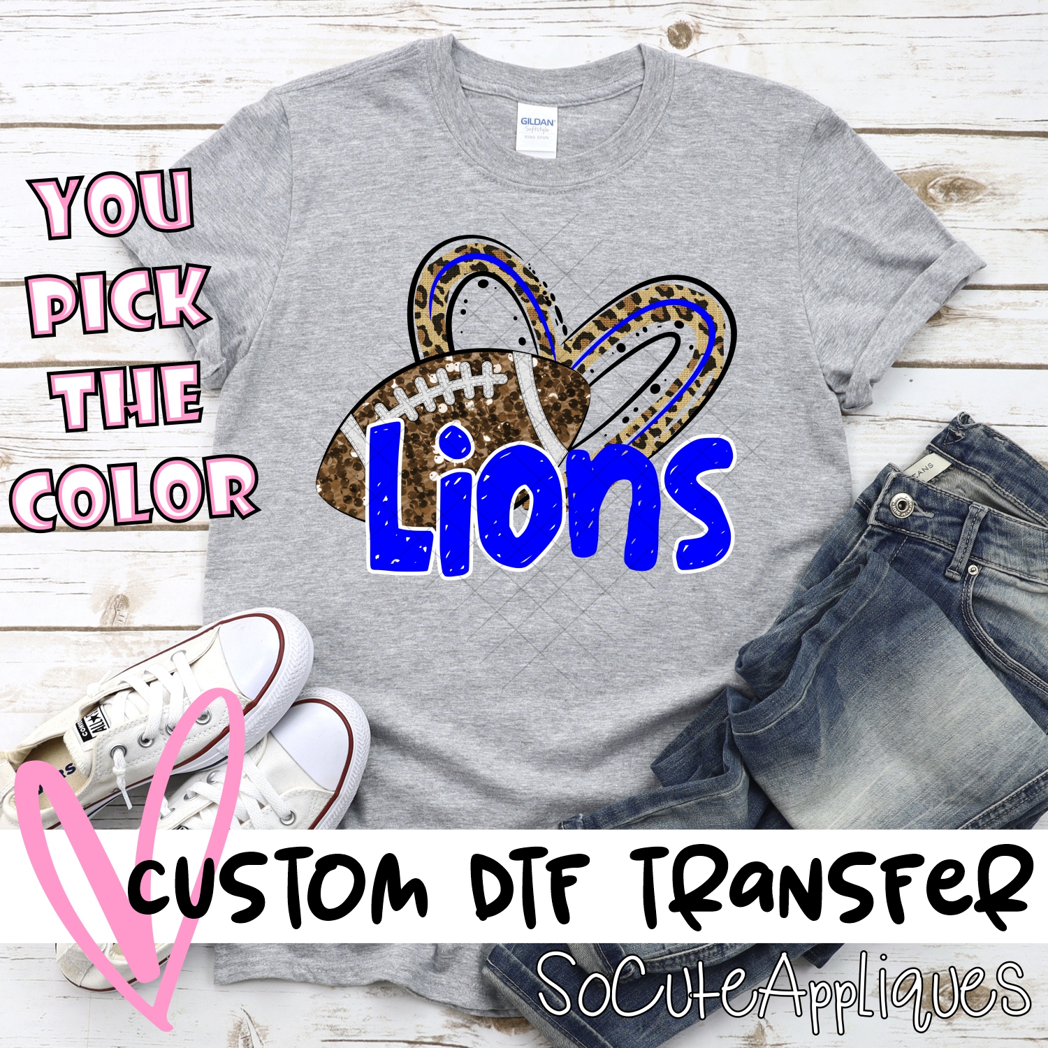CUSTOM LIONS (faux) glitter football leopard heart *DTF* Transfer