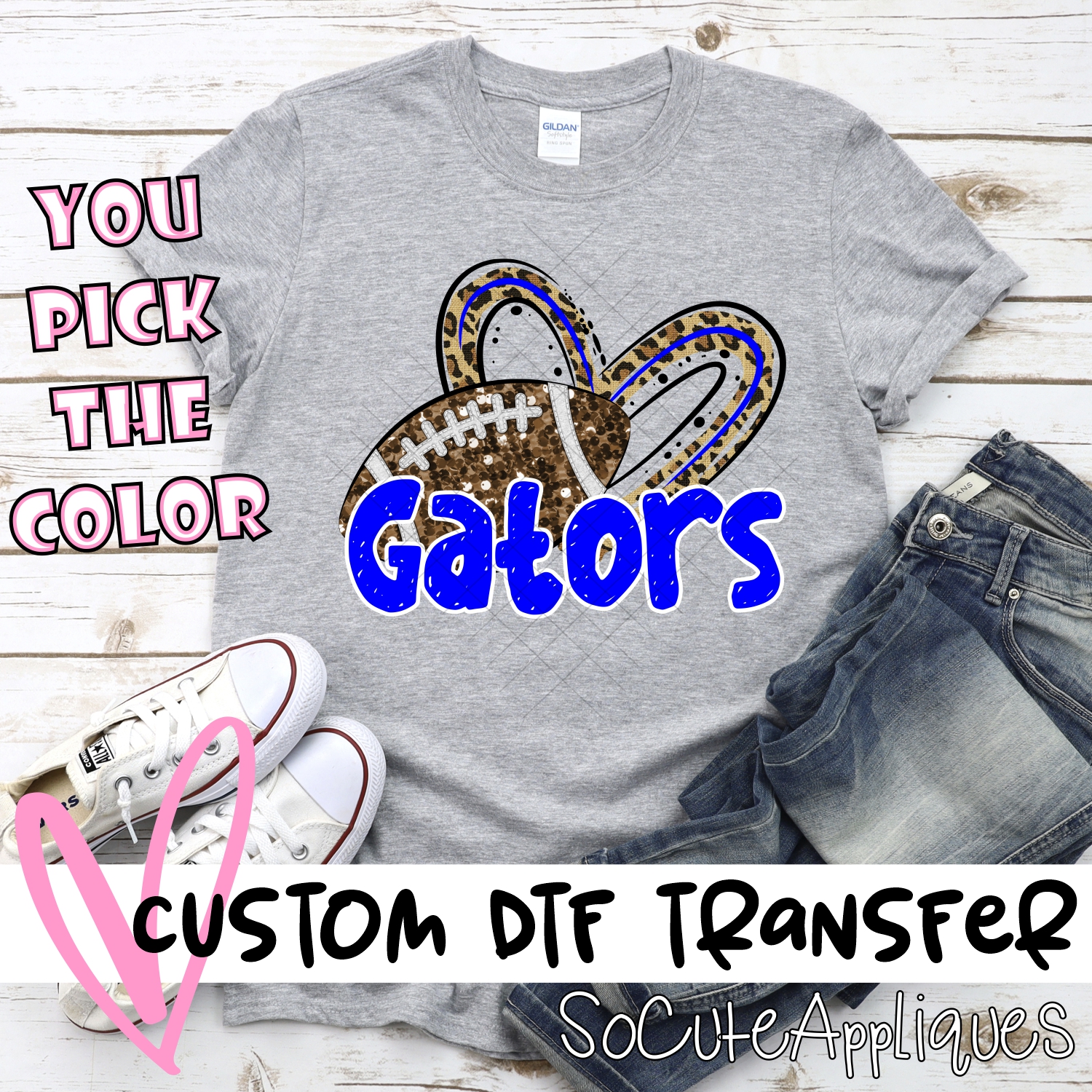 CUSTOM GATORS (faux) glitter football leopard heart *DTF* Transfer