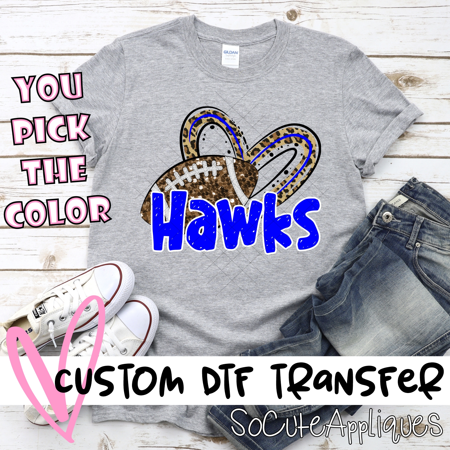 CUSTOM HAWKS (faux) glitter football leopard heart *DTF* Transfer