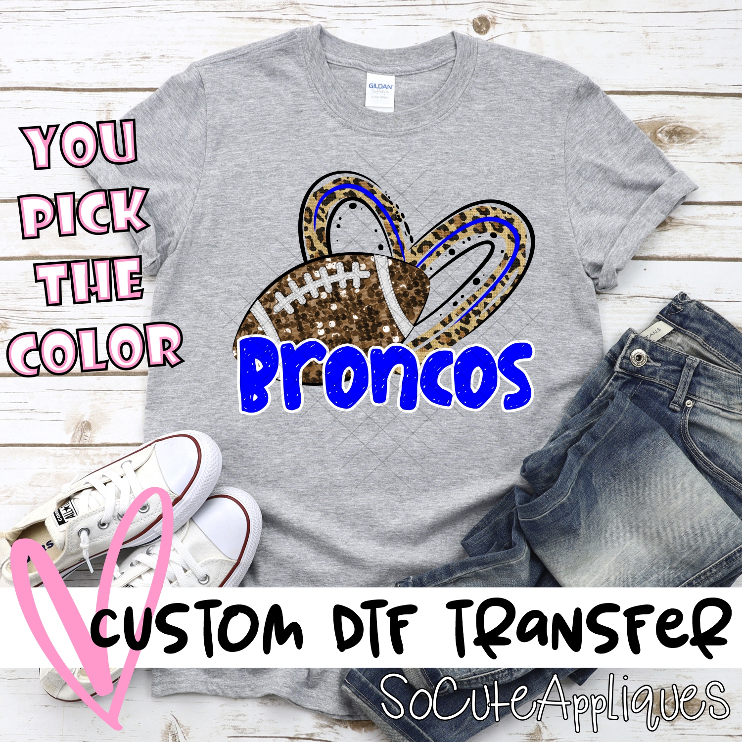 CUSTOM BRONCOS (faux) glitter football leopard heart *DTF* Transfer