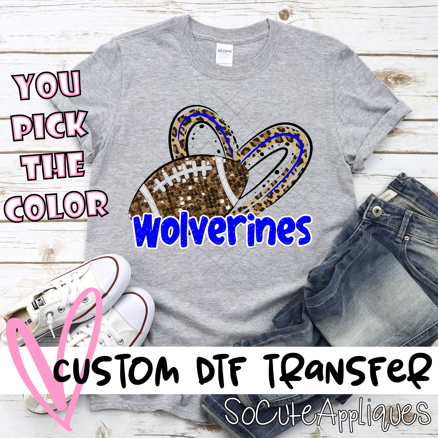 CUSTOM WOLVERINES (faux) glitter football leopard heart *DTF* Transfer