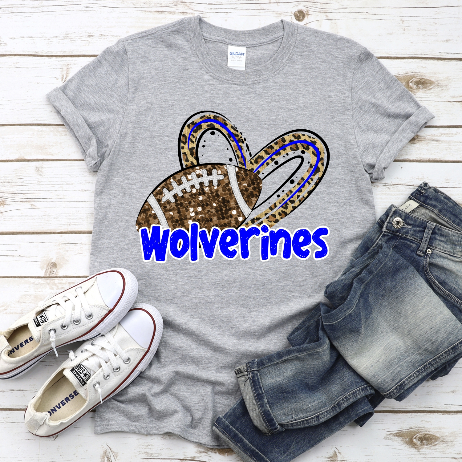 CUSTOM WOLVERINES (faux) glitter football leopard heart *DTF* Transfer - Image 2