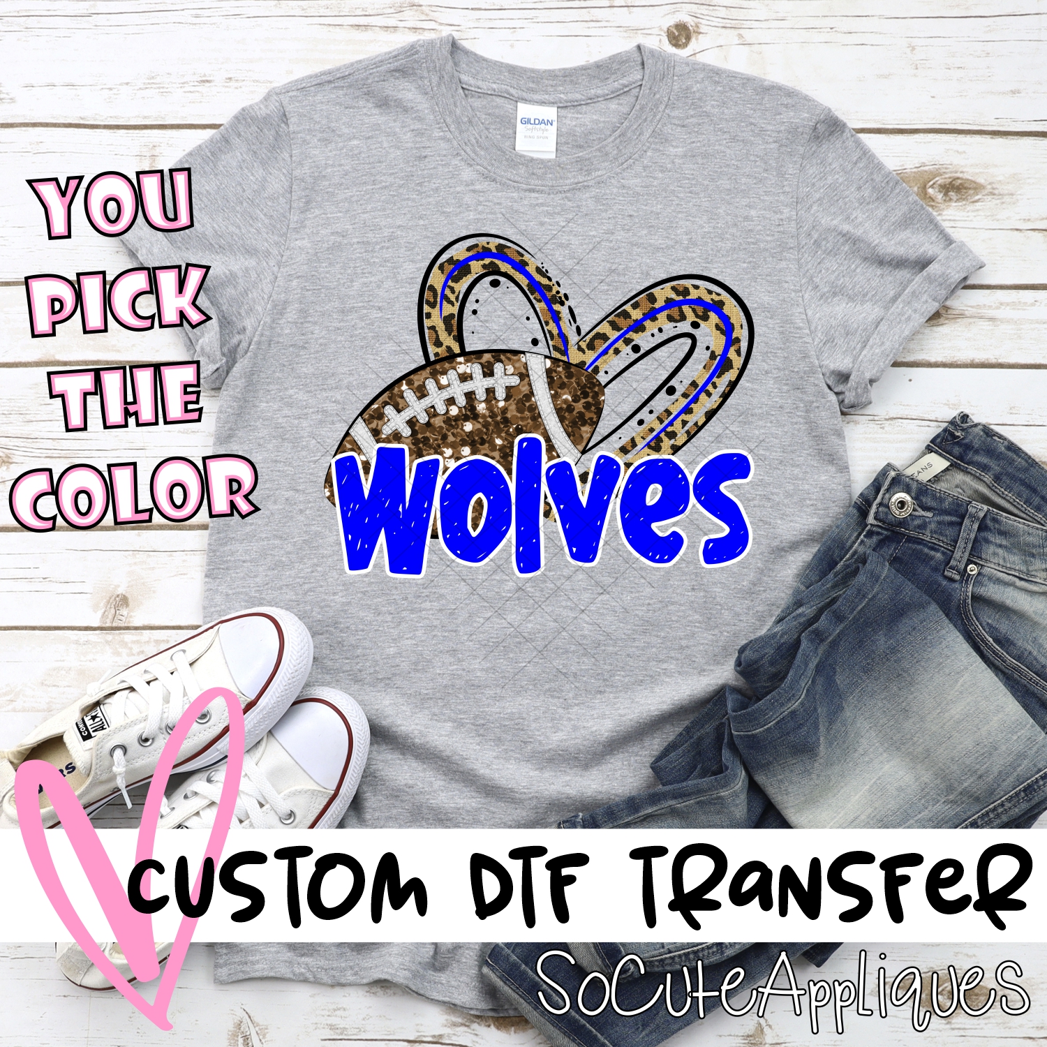 CUSTOM WOLVES (faux) glitter football leopard heart *DTF* Transfer