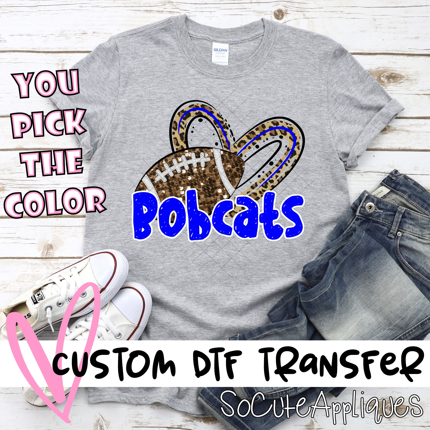 CUSTOM BOBCATS (faux) glitter football leopard heart *DTF* Transfer