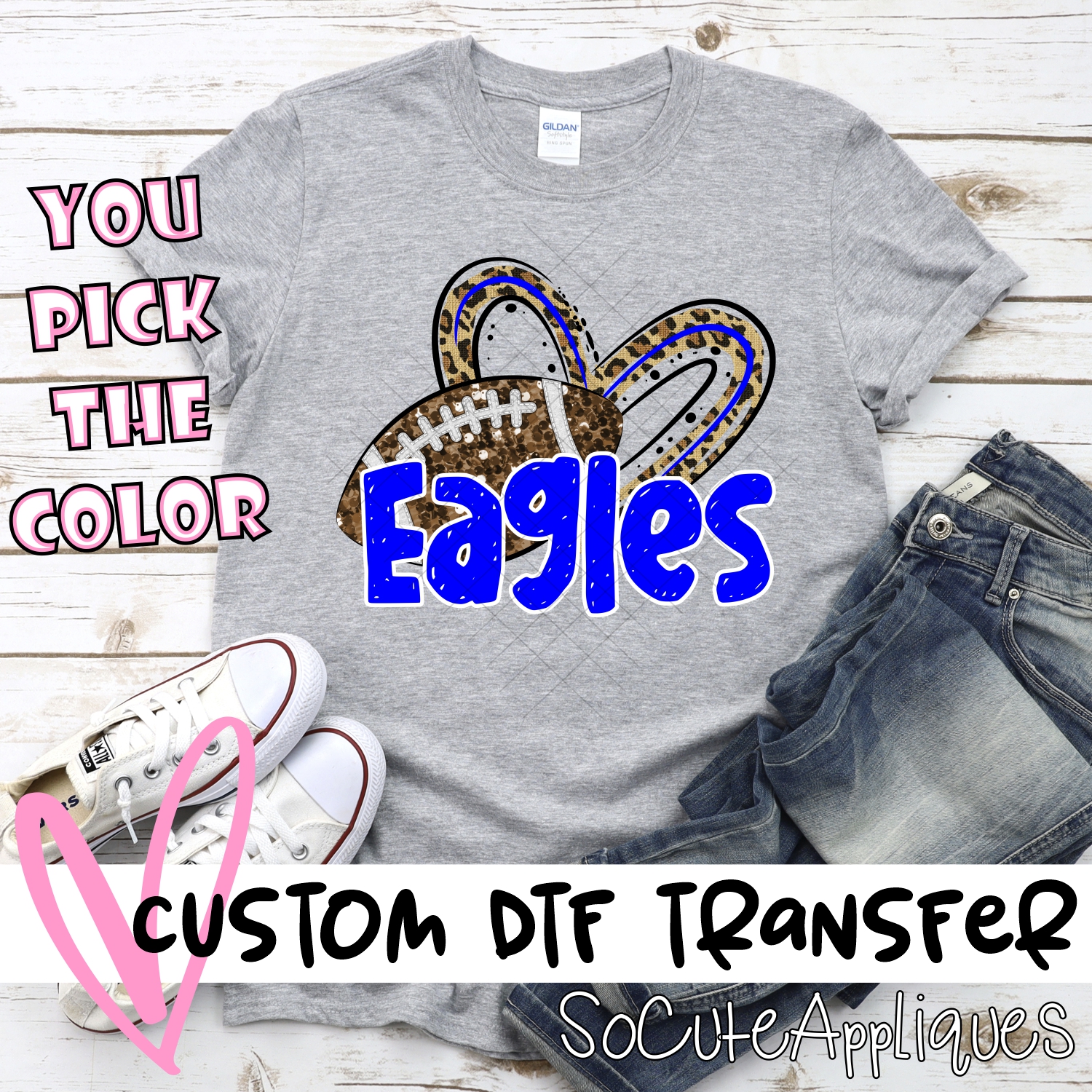 CUSTOM EAGLES (faux) glitter football leopard heart *DTF* Transfer